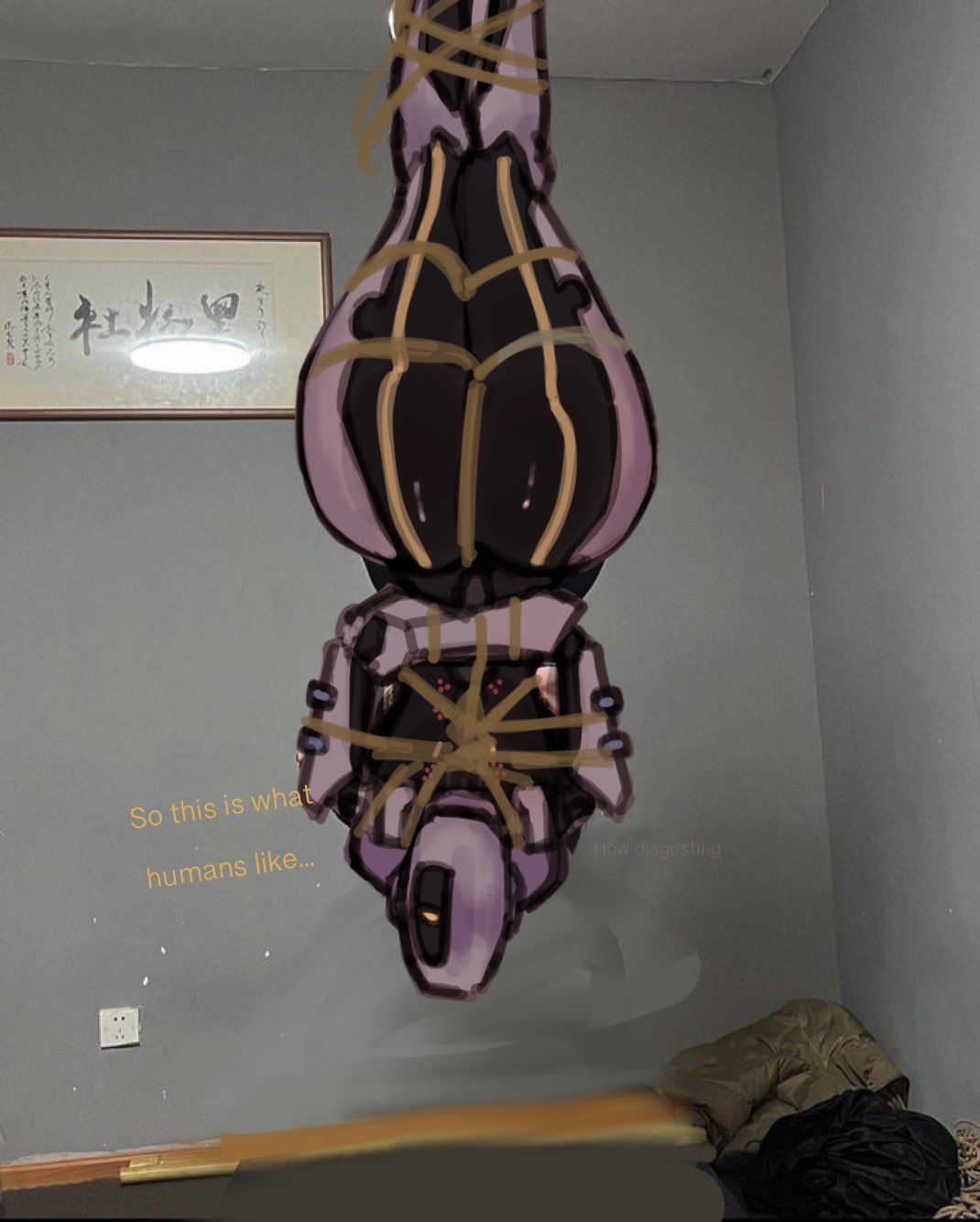 2d, 2d (artwork), bound, bound arms, bound legs, bound wrists, dialogue, glados, glados (humanoid), huge ass, looking at viewer, portal (series), rope, roped, shibari, solo, valve, yufishart