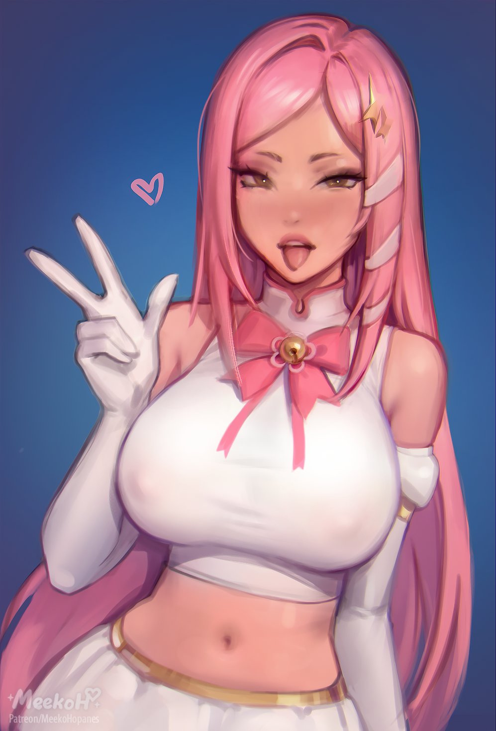 1girls, big breasts, blush, blushing, breasts, breasts bigger than head, clothed female nude male, dark-skinned female, erect nipples, exposed shoulders, female, female only, fernet (kernel hearts), fortnite, heart, heart symbol, huge breasts, huge tits, kernel hearts, long hair, meekohopanes, midriff, midriff baring shirt, navel, nipples, nipples visible through clothing, open mouth, peace sign, pink hair, round breasts, simple background, solo, solo female, tagme, tits, tongue, tongue out