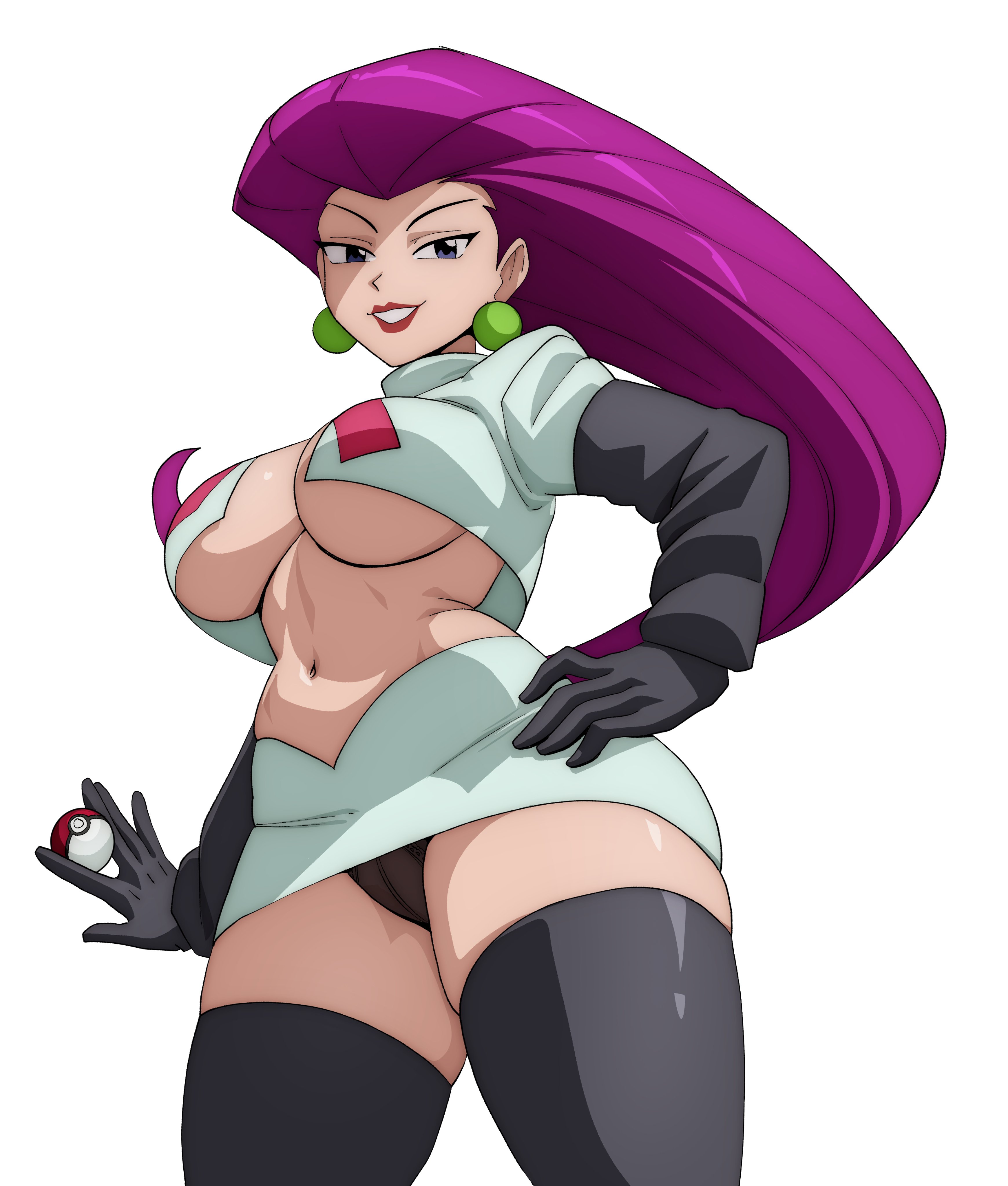 breasts, cameltoe, coolerinker, earrings, fit, fit female, gloves, grey eyes, inker comics, inkershike, jessie (pokemon), large breasts, long hair, looking at viewer, navel, panties, pink hair, pokemon, posing, revealing clothes, skirt, slim waist, smile, stockings, tagme, thick thighs, tight clothing, underwear, uniform, viewed from below, voluptuous, white background, wide hips