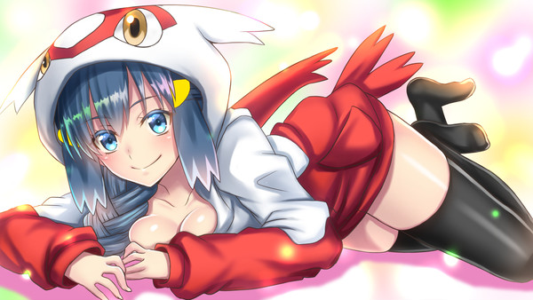 1girls, alternate breast size, alternate costume, blue eyes, blue hair, breasts, cleavage, cosplay, dawn (pokemon), female, female only, human, human only, latias, latias (cosplay), long hair, looking at viewer, nintendo, pokemon, pokemon (cosplay), pokemon (species), pokemon dppt, pokemon oras, pokemon rse, smile, takecha, thighhighs