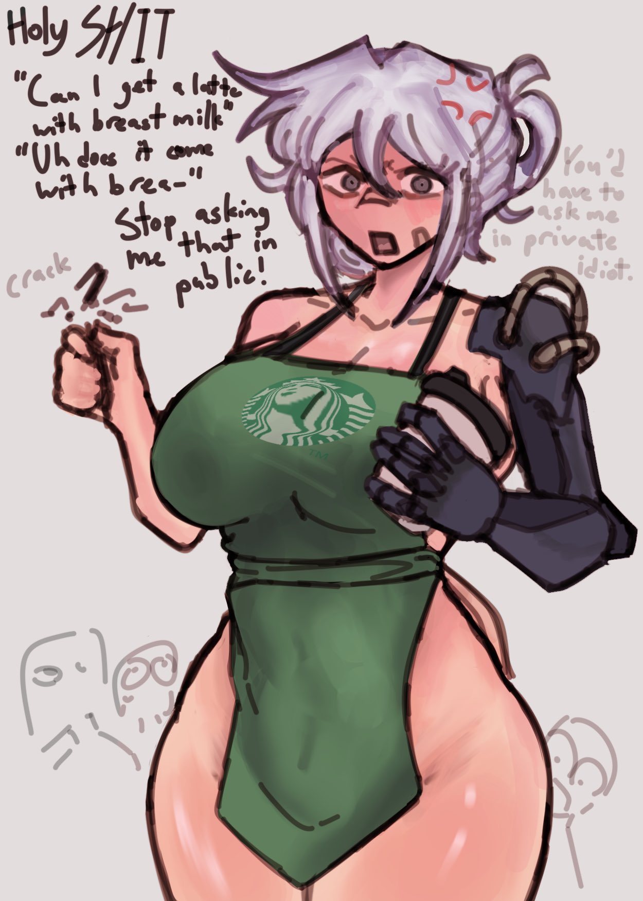 1girl, 3boys, colored sketch, dialogue, female, kayla (yufishart), male, naked apron, roblox, roblox avatar, robloxian, sketch, source request, tagme, yufishart