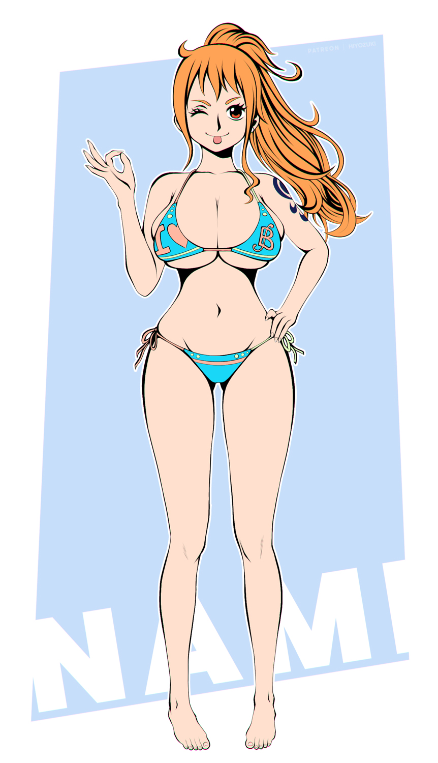 1girls, arm tattoo, big breasts, bikini, blue tattoo, breasts, female, female only, flat colors, full-length portrait, hiyozuki, long hair, looking at viewer, nami (one piece), no sex, no visible genitalia, one piece, orange hair, orange-haired female, portrait, post-timeskip, solo, tattoo, tongue, tongue out, wink, winking at viewer