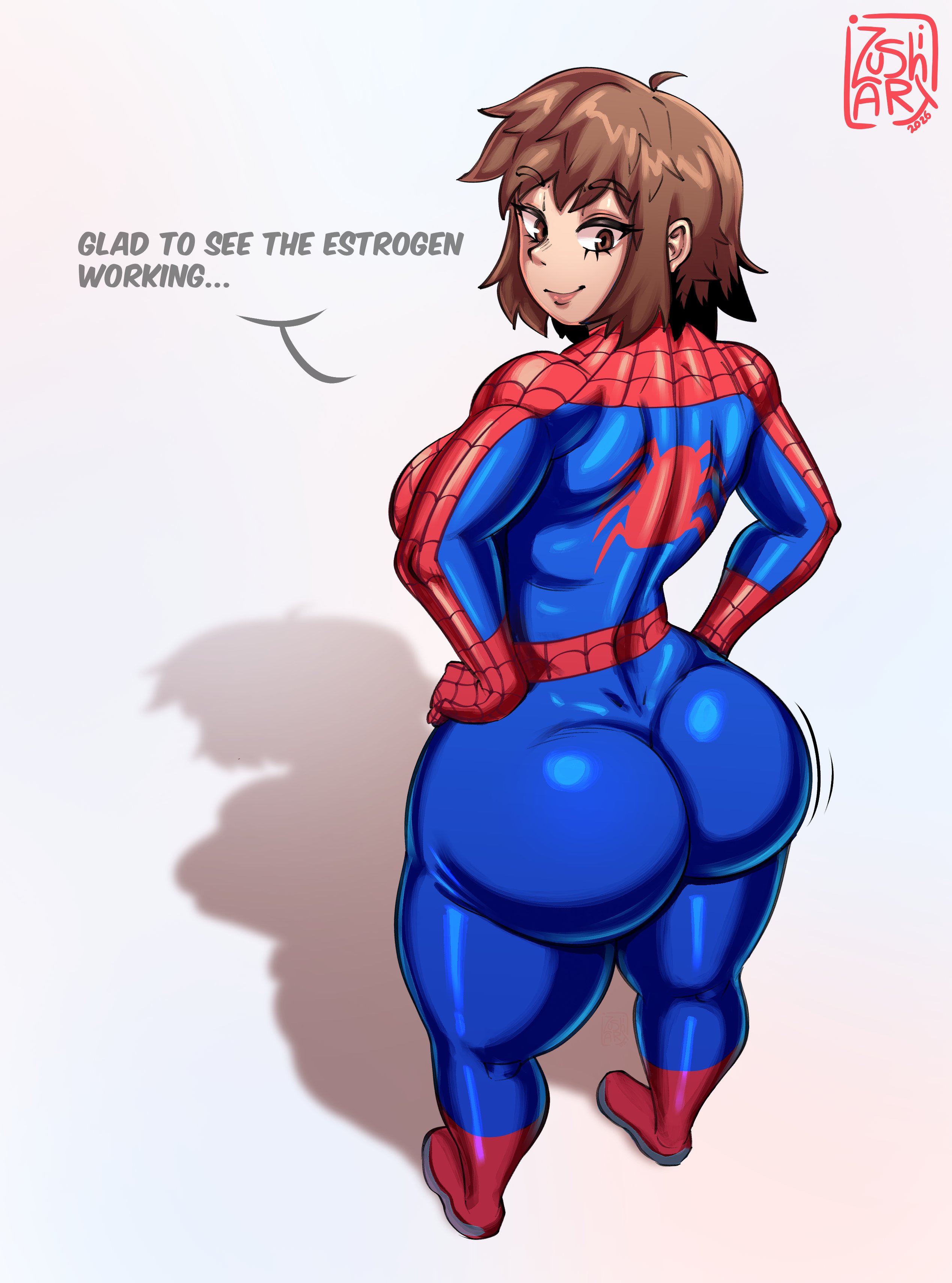 1girls, ass, ass focus, big ass, big breasts, bodysuit, breasts, brown eyes, brown hair, bubble butt, female, female focus, female only, from behind, hand on hip, huge ass, marvel, marvel comics, petra parker, short hair, smile, solo, solo female, solo focus, spider-man (series), spider-woman, superheroine, thick, thick ass, thick thighs, trans woman, zushi art