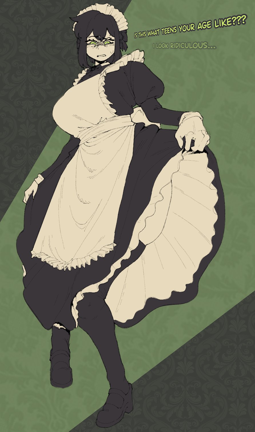 1girl, 1girls, black hair, female, female focus, female only, green eyes, maid, maid dress, maid headdress, maid outfit, maid uniform, renee graves, scared, the coffin of andy and leyley