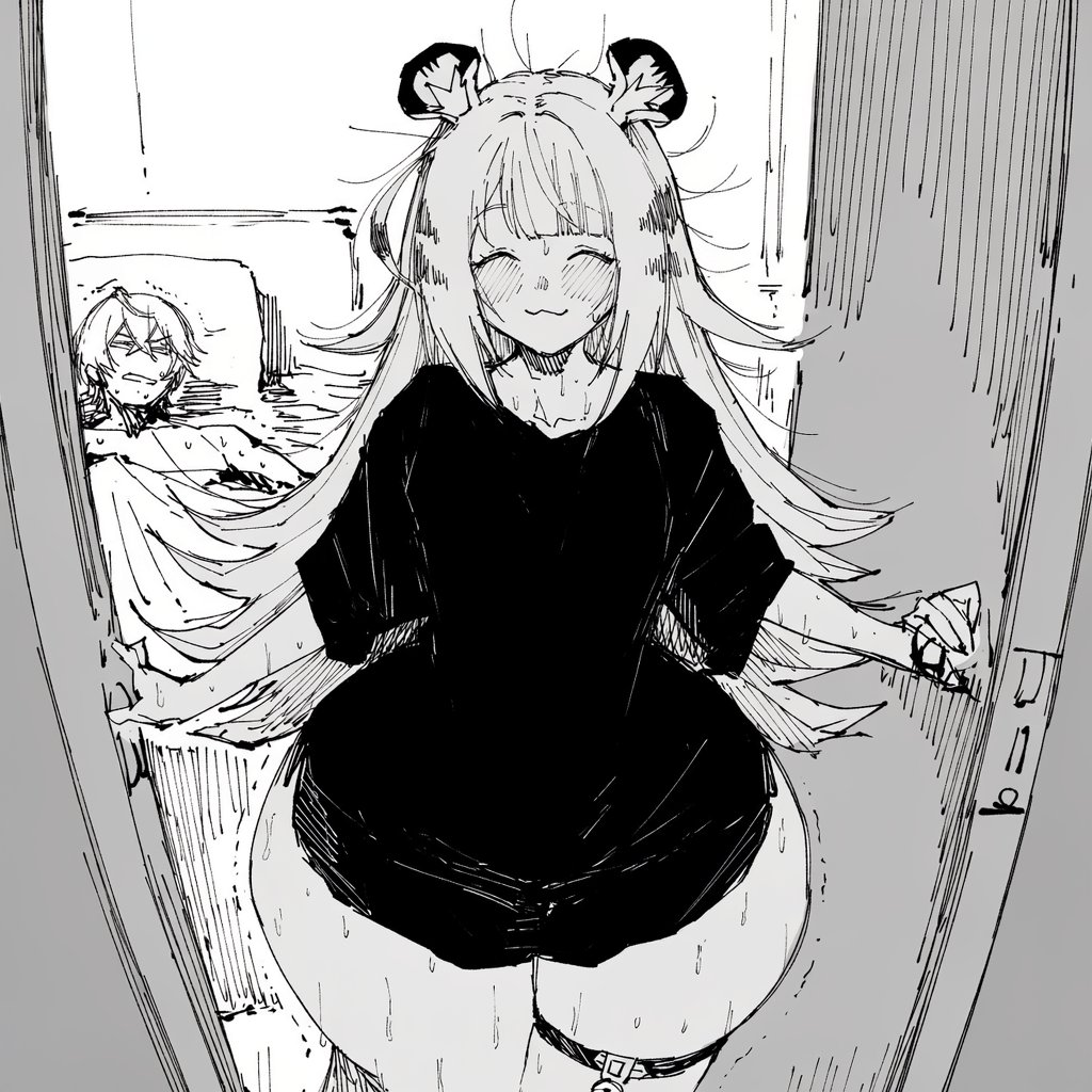 1boy, 1girls, after sex, ai generated, answering door, asian, asian female, black and white, bottom heavy, cat ears, catgirl, chinese female, closed eyes, exhausted male, female, flat chest, ju fufu, long hair, male, no pants, oversized shirt, pale skin, pale-skinned female, pale-skinned male, petite, petite body, petite female, thick thighs, thigh strap, wide hips, wise (zenless zone zero), zenless zone zero