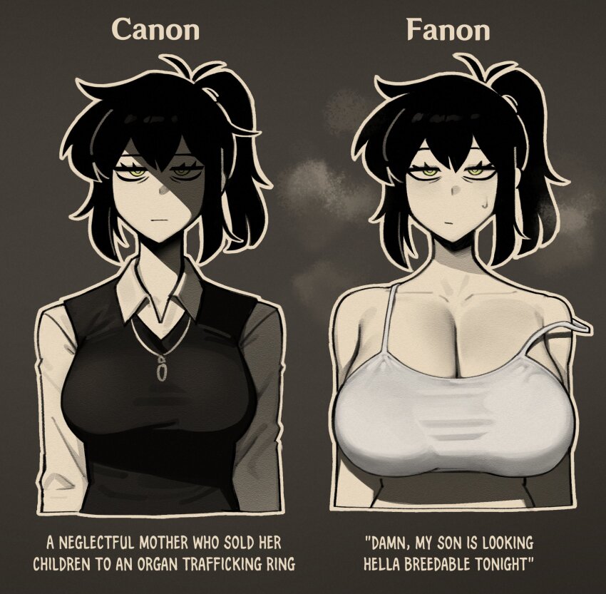 1girl, absurdres, alternate breast size (larger), black shirt, breasts, cathriell, cleavage, closed mouth, facing viewer, frown, green eyes, highres, large breasts, long hair, long sleeves, off shoulder, ponytail, renee graves, shirt, simple background, solo, sweat, sweatdrop, tank top, the coffin of andy and leyley, upper body, white shirt, white tank top