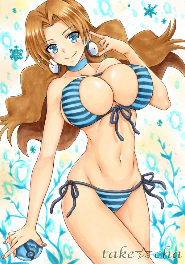 1girls aged_up bikini blonde_hair blue_background blue_eyes breasts choker cleavage earrings female_only holding human long_hair looking_at_viewer me_snowdon molly_hale nintendo poke_ball pokemon pokemon_(movie) pokemon_3:_the_movie_-_spell_of_the_unown:_entei red_nail_polish red_nails sketch smile takecha text transformed watermark