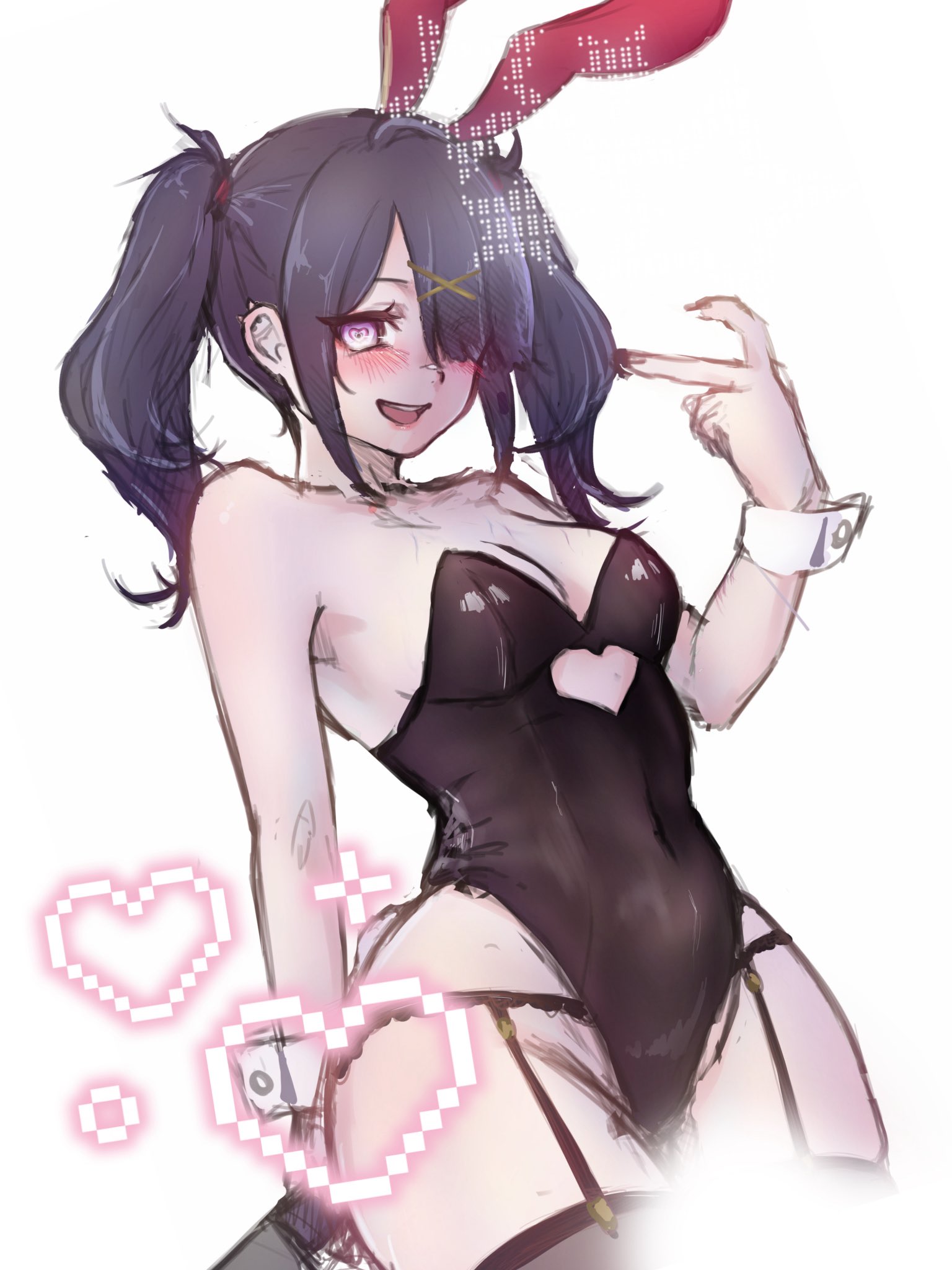 ame-chan, black leotard, black thighhighs, blush, cleavage, curvy, cutout, garter belt, garter straps, heart, heart-shaped pupils, holding knife, knife, large breasts, leotard, naughty face, needy girl overdose, needy streamer overload, smile, teeth, thick thighs, voluptuous, wide hips