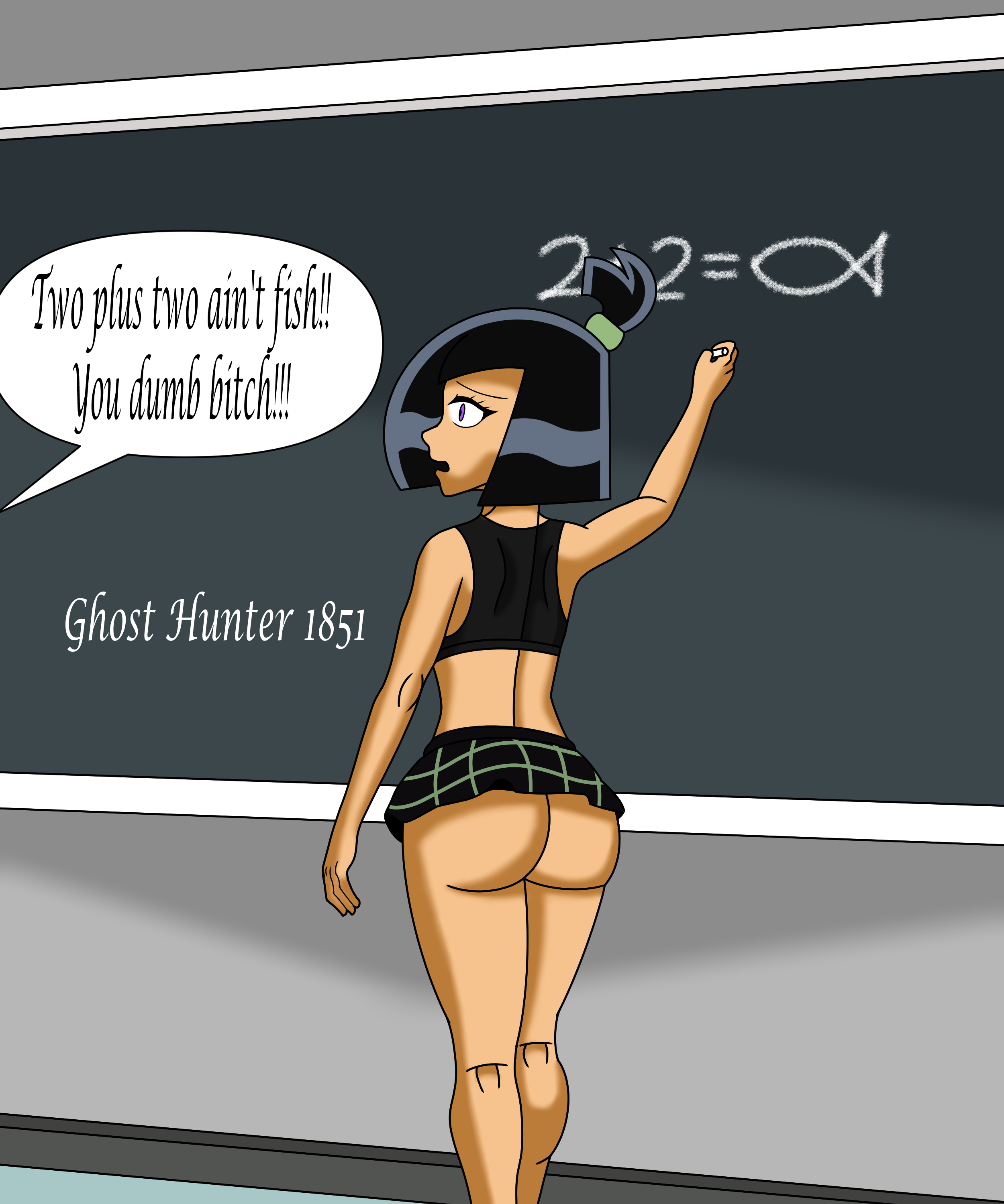 1girls, bad math, bare arms, bare ass, bare legs, bare thighs, black hair, bottomless, breasts, bubble butt, classroom, danny phantom, english text, female, ghosthunter1851(artist), goth girl, huge ass, microskirt, miniskirt, nickelodeon, ponytail, purple eyes, revealing clothes, sam manson, side ponytail, skimpy clothes, skirt, small breasts, speech bubble, text