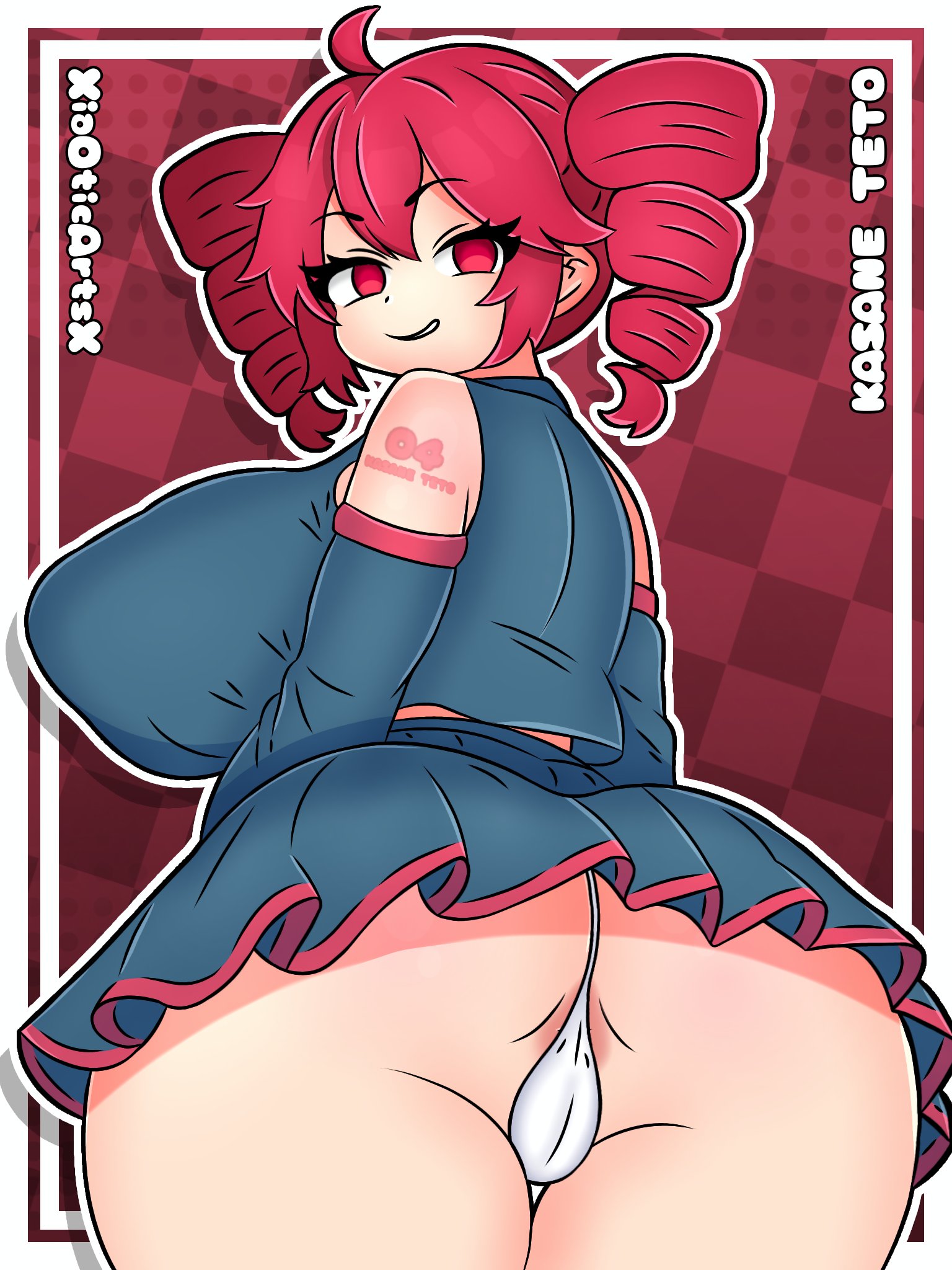 1girls, 2025, 2d, 2d (artwork), ahoge, anus, anus peek, arm tattoo, artist name, ass, back, back view, big ass, big breasts, big thighs, breasts, cameltoe, clothed, clothed female, clothing, curvaceous, curvy, curvy female, curvy figure, female, female only, gigantic ass, gigantic breasts, huge ass, huge breasts, huge thighs, ineffective skirt, kasane teto, large ass, large breasts, large thighs, looking back, massive ass, massive breasts, microskirt, miniskirt, nipple bulge, nipples visible through clothing, panties, plump ass, plump labia, plump pussy, plump thighs, pussy, red eyes, red hair, sideboob, simple background, skirt, smile, solo, solo female, tattoo, thick thighs, thigh gap, thighs, twin drills, upskirt, utau, vocaloid, voluptuous, voluptuous female, white panties, wide hips, xiaoticx