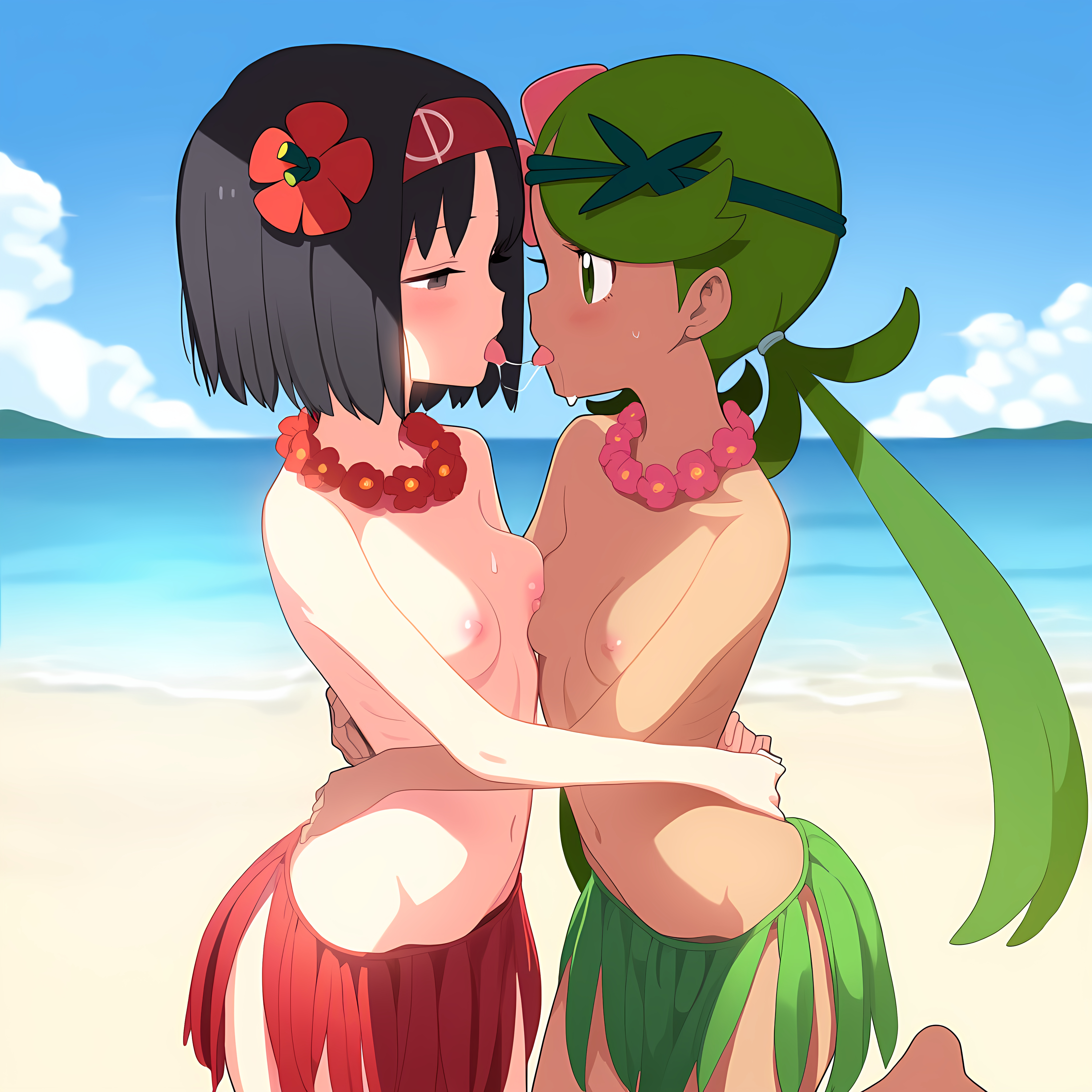 1:1 aspect ratio, 2girls, after kiss, ai generated, arms around partner, beach, black hair, breast press, breasts, dadfox, erika (pokemon), female, female only, flower, flower in hair, flower necklace, grass skirt, green eyes, green hair, grey eyes, hair ornament, lei, mallow (pokemon), multiple females, multiple girls, pokemon, pokemon rgby, pokemon sm, public topless, red flower, saliva string, saliva trail, skirt, topless, topless female, yuri