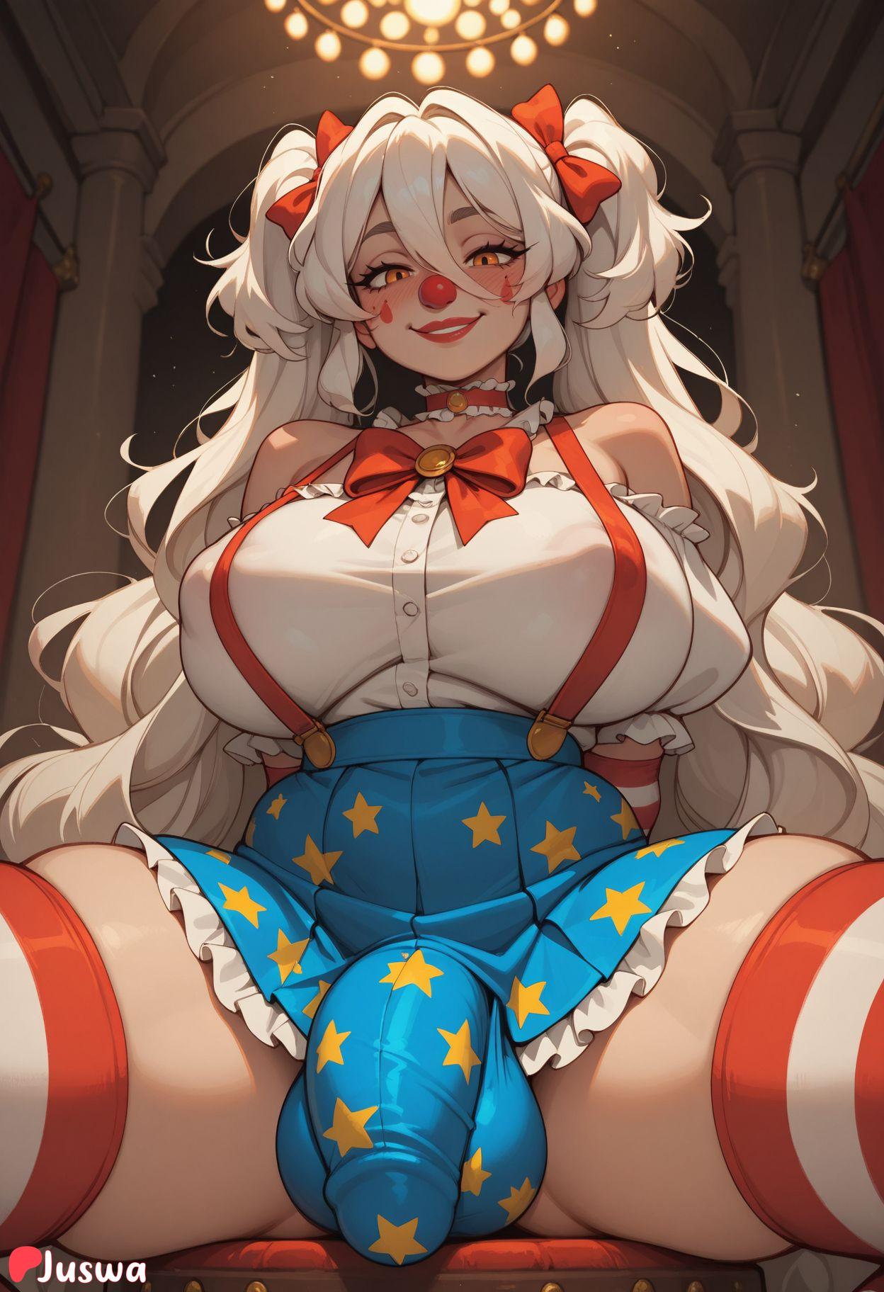 1futa, ai generated, balls, bare shoulders, blush, bow, breasts, bulge, choker, clown, covered nipples, cute, erection, futa only, futanari, grin, hair between eyes, hairbow, huge ass, huge breasts, intersex, juswa, large ass, large breasts, light-skinned futa, lipstick, long hair, looking at viewer, makeup, orange eyes, penis, red bow, red lips, sitting, skirt, smile, solo, spread legs, star (symbol), star print, striped, striped thighhighs, testicles, thicc, thick thighs, thighhighs, thighs, twintails, white hair