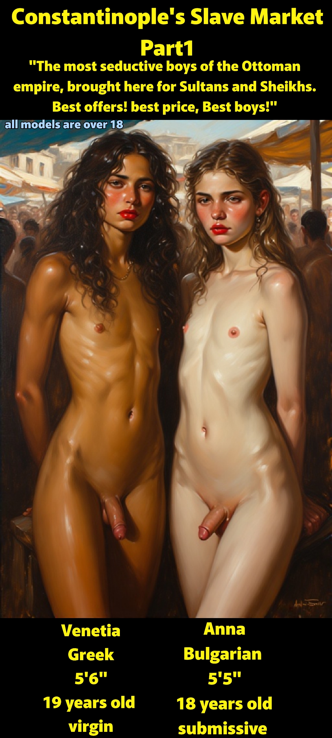 2boys, 2femboys, ai generated, athletic, athletic male, auction, blacker666, blonde hair, breasts, bulgaria, caption, comparing, comparison, curly hair, dark skin, dark-skinned femboy, dark-skinned male, dark-skinned sissy, dark-skinned sub, english text, enslaved, european, exposed breasts, exposed nipples, exposed penis, exposed torso, femboy, femboysub, feminine male, feminization, fit, fit male, flat, flat chest, flat chested, gay, greece, greek, long hair, male, male only, naked, naked male, nude, nude male, oil painting, ottoman, ottoman empire, pale skin, pale-skinned, pale-skinned femboy, pale-skinned male, penis, penis out, realistic, red hair, selling, sissy, sissy caption, slave, slave auction, small penis, submissive, submissive male, tanned, tanned male, tanned skin, teenage male, teenager, text, tiny penis, topless, topless male, twink, white body, white skin, yaoi
