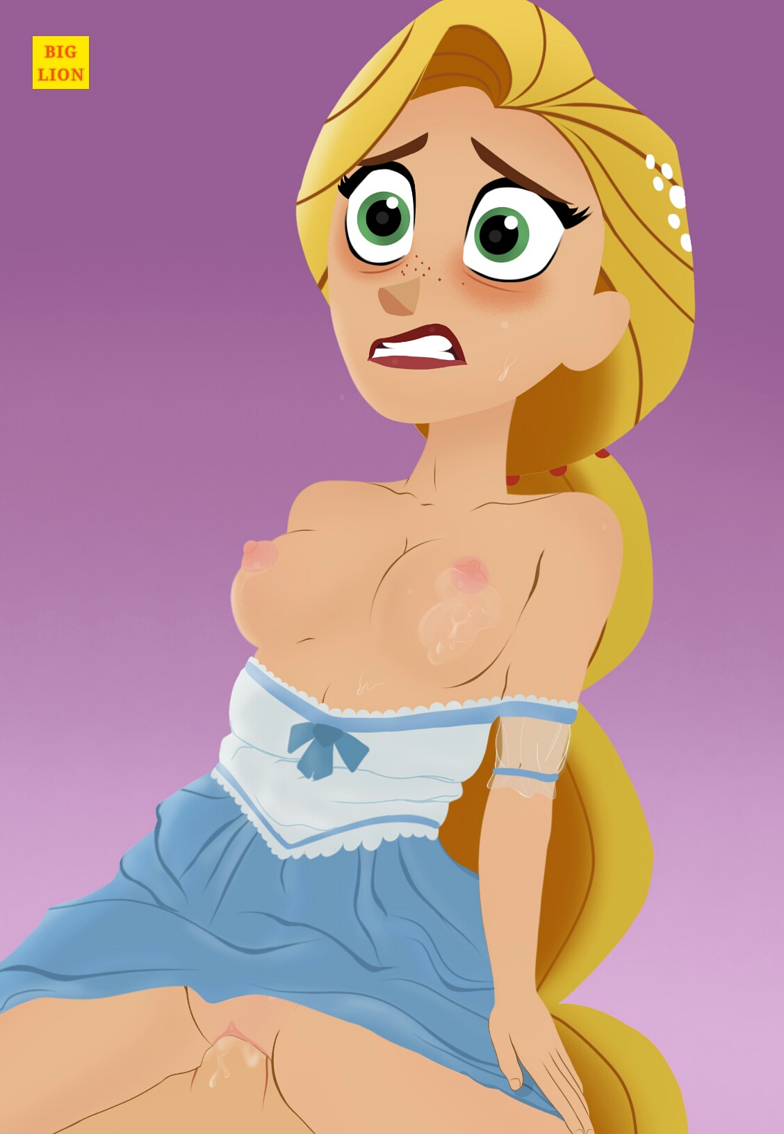 1boy, 1girls, big lion, blonde hair, breasts, clothed sex, clothing, cowgirl position, cum, disney, disney channel, dress, duo, ejaculation, female, freckles, green eyes, long hair, male, nude, penetration, penis, princess, pussy, rapunzel, sex, straight, tangled, tangled: the series, vaginal penetration