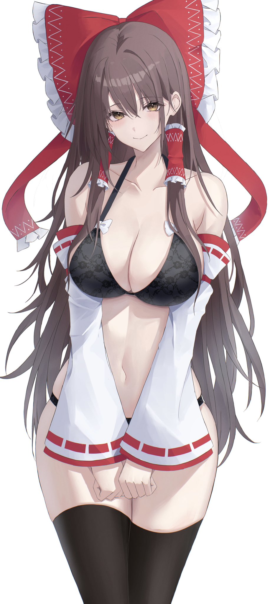 1girls, 7saki, black bra, black hair, black thighhighs, black underwear, bra, bra and panties, female, long hair, red ribbon, reimu hakurei, thighhighs, touhou, underwear