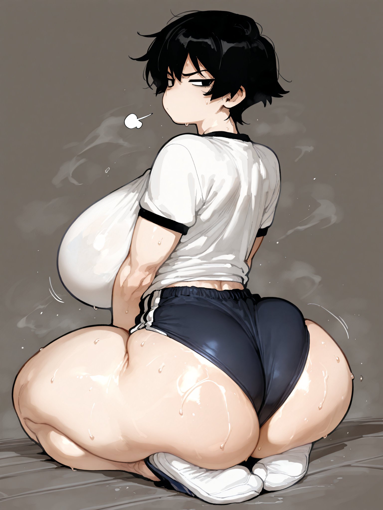 ai generated, angry expression, back view, backboob, bare thighs, barefoot, big ass, big butt, black eyes, black hair, blush, breasts, fat ass, female, gigantic ass, gigantic breasts, gym clothes, gym uniform, huge breasts, huge thighs, light skin, light-skinned female, looking back, massive ass, massive breasts, oatmealdood, oiled body, oiled skin, original, short hair, socks, solo female, squatting, sweat, sweatdrop, t-shirt, thick body, thick female, thick thighs, thighs, tomboy, voluptuous, voluptuous female