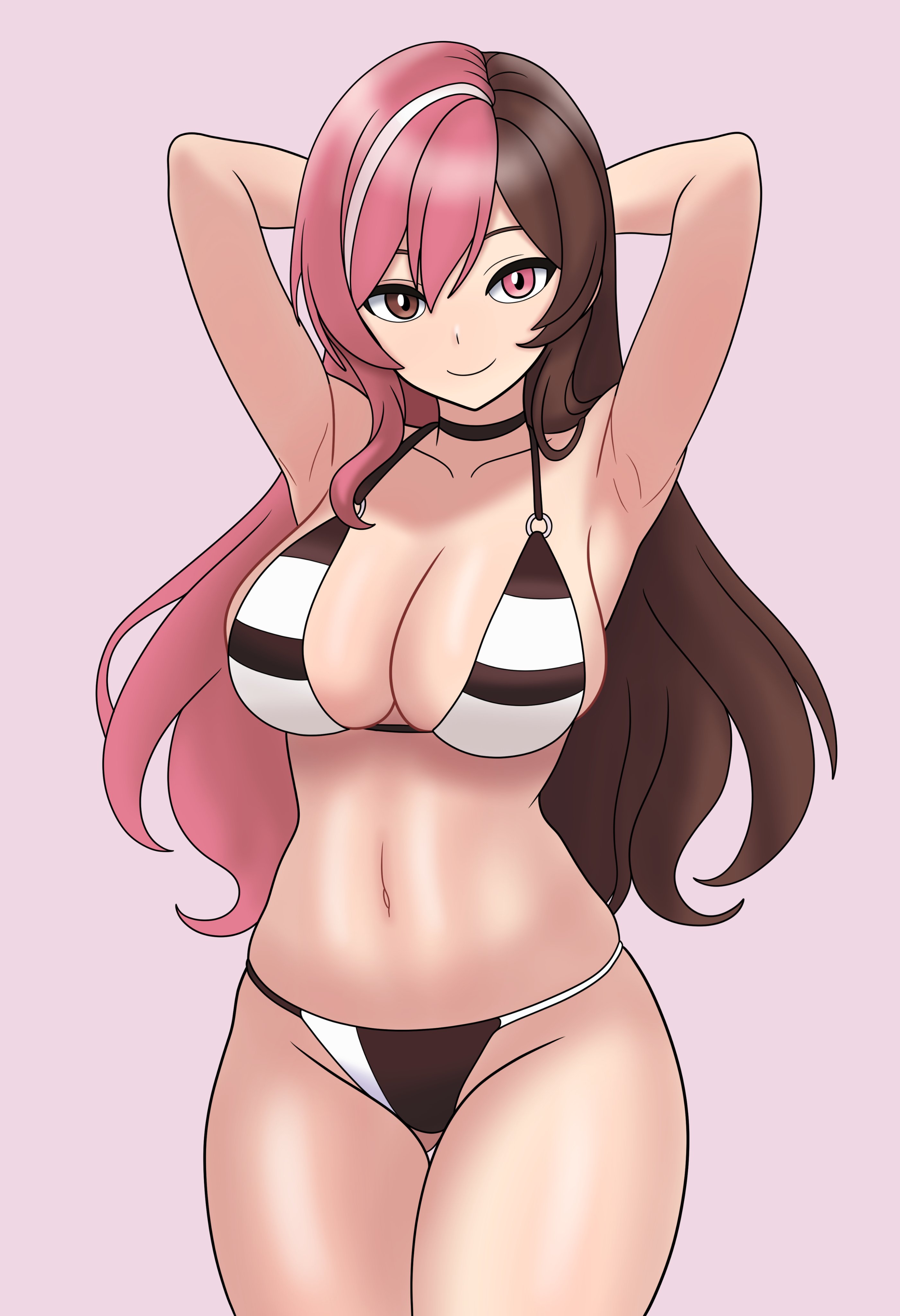 1girls, alternate breast size, armpits, arms behind head, big breasts, bikini, blonde hair, bojack198, breasts, brown bikini, brown eyes, brown hair, busty, cleavage, confident, female, female only, heterochromia, hi res, highres, large breasts, legs, long hair, looking at viewer, navel, neo (rwby), pink eyes, pink hair, pose, posing, roosterteeth, rwby, sensual, sexy, sexy armpits, sexy pose, sideboob, smile, swimsuit, thighs, toned, voluptuous