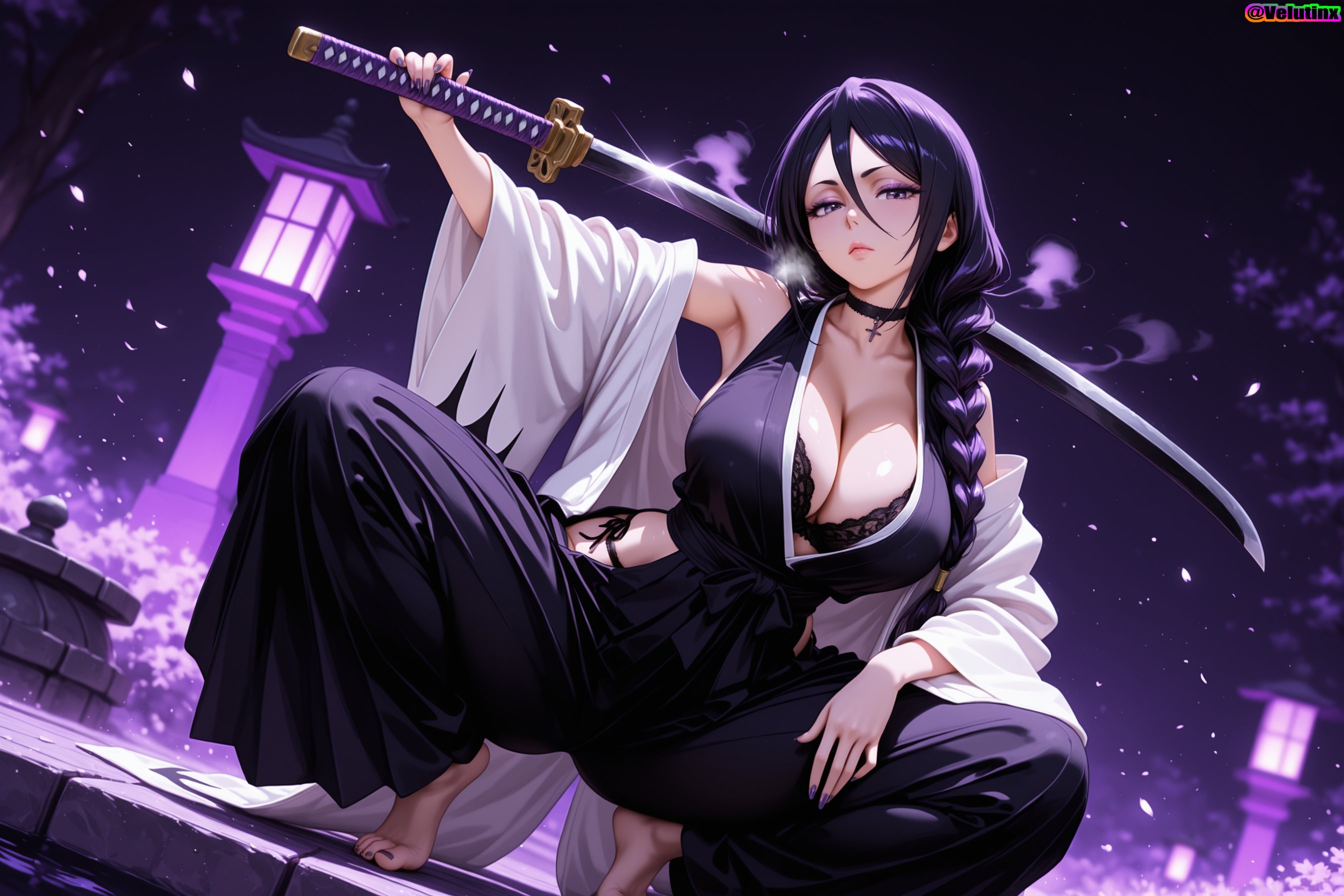 1girls, absurd res, absurd resolution, absurdres, adult, ai generated, alternate costume, armpits, ass, bangs, barefoot, big ass, big breasts, black bra, black hair, black panties, bleach, bleach: the thousand-year blood war, braid, breast squeeze, breasts, child bearing hips, choker, collarbone, curvy, female, female only, hakama, haori, hi res, high quality, high resolution, highres, hourglass figure, hourglass figured female, huge ass, huge breasts, kimono, kuchiki rukia, laced underwear, light-skinned female, lipstick, long braid, long hair, makeup, nipple slip, paid reward available, pinup, purple eyes, purple hair, purple nail polish, see-through, see-through clothing, side slit, side-tie panties, sideboob, sleeveless, solo, squatting, string panties, sultry eyes, sword, velutinx, very long hair, visible breath, voluptuous, voluptuous body, voluptuous female, watermark, wet, wet body, wet clothes, wide hips