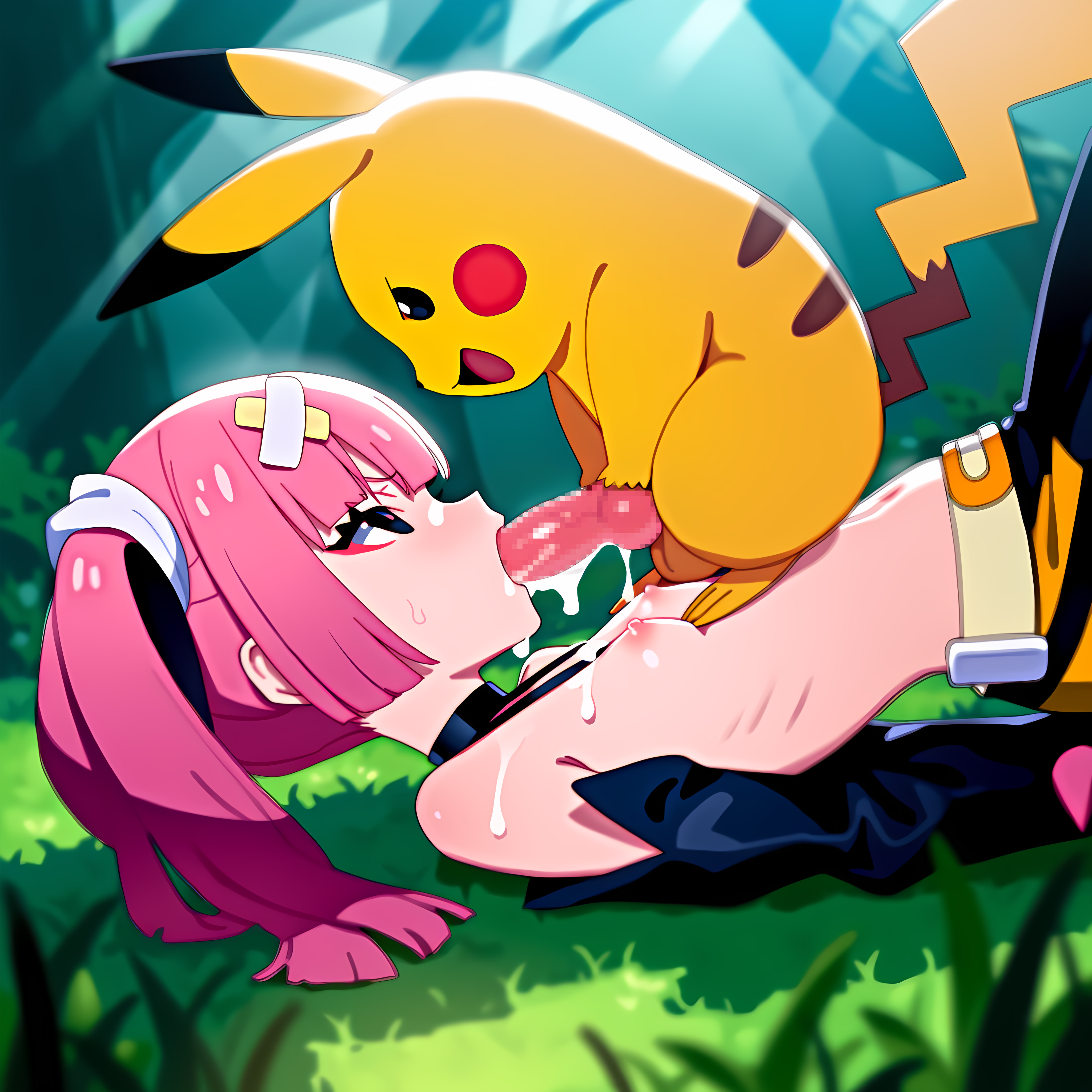 1boy, 1girls, ai generated, black eyes, blowjob, breasts, coral (pokemon), cum, cum in mouth, cum on body, cum on breasts, cum on face, dadfox, explorers (pokemon), face fucking, fellatio, female, human, larger female, male, male pokemon/female human, on top, outdoors, partially clothed, penis, pikachu, pink hair, pokemon, pokemon (anime), pokemon (species), pokemon horizons, pokephilia, rape, small dom big sub, smaller male, standing on another, topless
