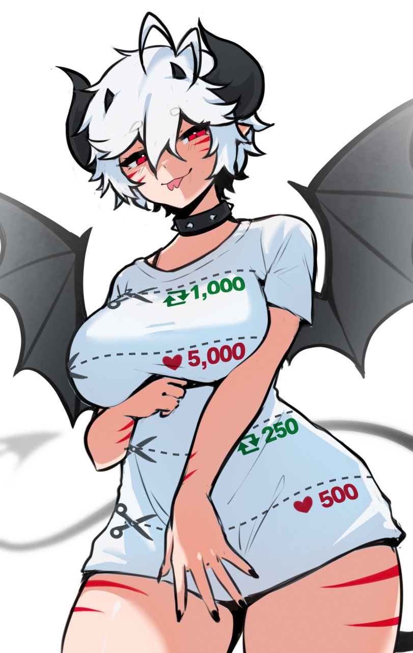 2025, black hair, blaire rune, blairevt, body markings, breasts, cut-here line, demon horns, demon tail, female, forked tongue, horns, indie virtual youtuber, large breasts, like and retweet, like icon, looking at viewer, meme, no pants, nonbinary, pointy ears, red eyes, red stripes, retweet icon, shirt, shirt cut meme, shirt only, short hair, solo, spiked collar, split tongue, standing, striped body, t-shirt, t-shirt only, tail, thick thighs, twitter cutting game, twitter strip game, twitter strip game (meme), virtual youtuber, vtuber, white hair, white shirt, wings