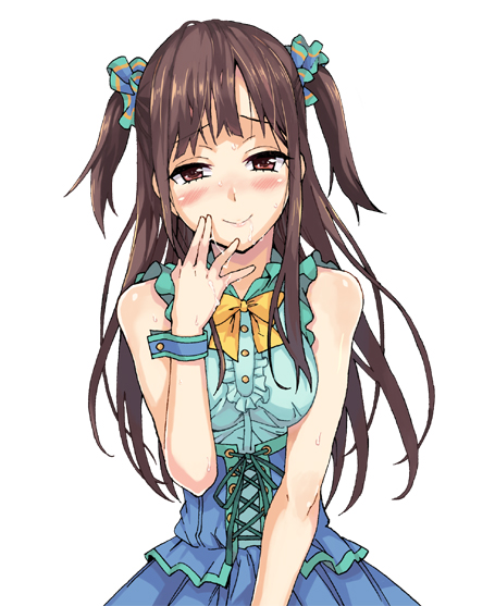 bare_shoulders blush brown_eyes brown_hair cum cum_string facial female hair_ornament idolmaster idolmaster_cinderella_girls kno1 long_hair looking_at_viewer mizumoto_yukari scrunchie simple_background smile solo tied_hair twintails white_background wrist_cuffs