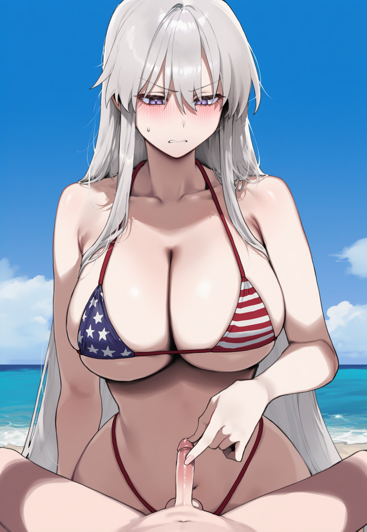 ai generated, american flag bikini, azur lane, beach, big breasts, breasts, enterprise (azur lane), female, long hair, male, penis, pov, small penis, small penis humiliation, touching penis, truck kun, two-finger masturbation, white hair