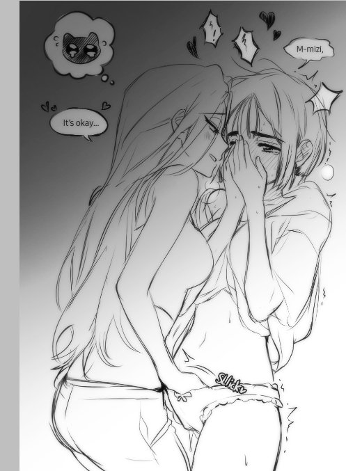 2girls, alien stage, clothes lift, duo, english text, female, female torso, fingering, fingering under clothes, fingering under panties, hand in another's panties, hand in panties, hand under clothes, hands on own face, heart, lubya, masturbation, mizi (alien stage), navel, no pants, panties, pants, pussy, shirt, short hair, smile, sua (alien stage), thought bubble, vulva handjob, yuri