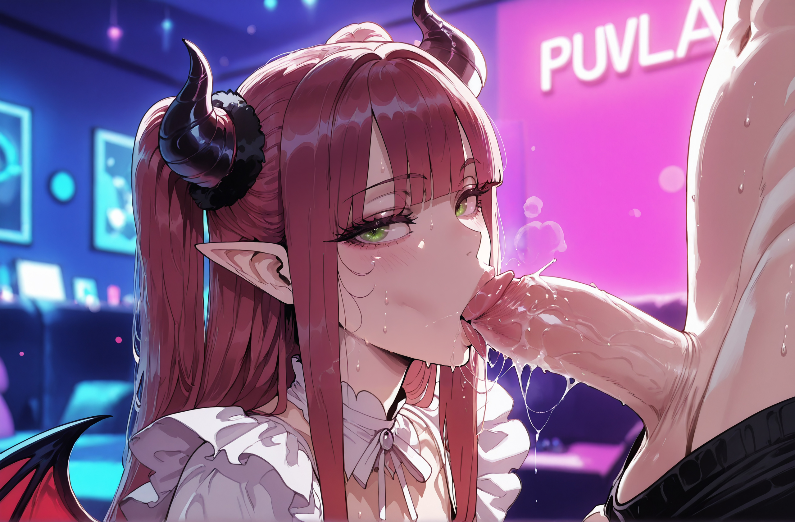 1boy, 1girls, ai generated, balls, bangs, black horns, blunt bangs, blush, breasts, clothed female, clothed female nude male, clothing, cosplay, curvaceous, curvaceous female, curvaceous figure, curvy, curvy figure, demon girl, demon horns, demon tail, demon wings, dress, erection, eyelashes, fellatio, female, female focus, frills, green eyes, heart, horns, indoors, kitagawa marin, large breasts, large penis, licking, long hair, looking at viewer, male, miyuai, nipples, oral, penis, pointy ears, red hair, rizu-kyun (cosplay), saliva, scrunchie, semen, shirt, sidelocks, solo focus, sono bisque doll wa koi wo suru, straight, sweat, testicles, tongue, tongue out, two side up, veins, veiny penis, voluptuous, voluptuous female, wings