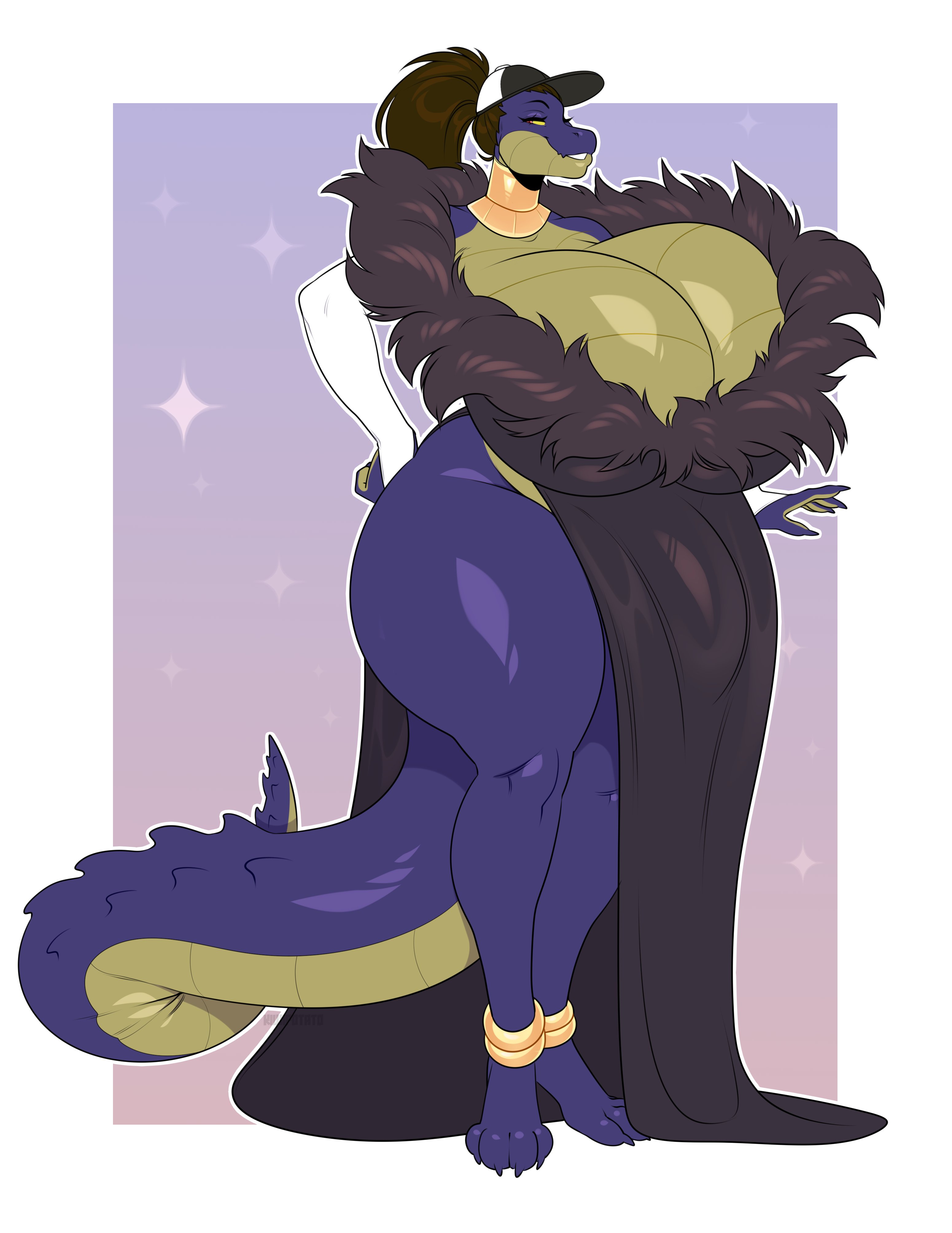 1futa, 2025, alligator, anthro, arm warmers, baseball cap, big breasts, big penis, bottomless, breasts, breasts bigger than head, brown hair, bulge, choker, cleavage, color, dress, furry, furry only, futanari, hat, huge breasts, intersex, jewelry, kiwipotato, long hair, looking at viewer, massive breasts, original character, penis, penis under clothes, ponytail, reptile, revealing clothes, scalie, simple background, tail, thick thighs, thighs, voluptuous, voluptuous futa, white border, wide hips