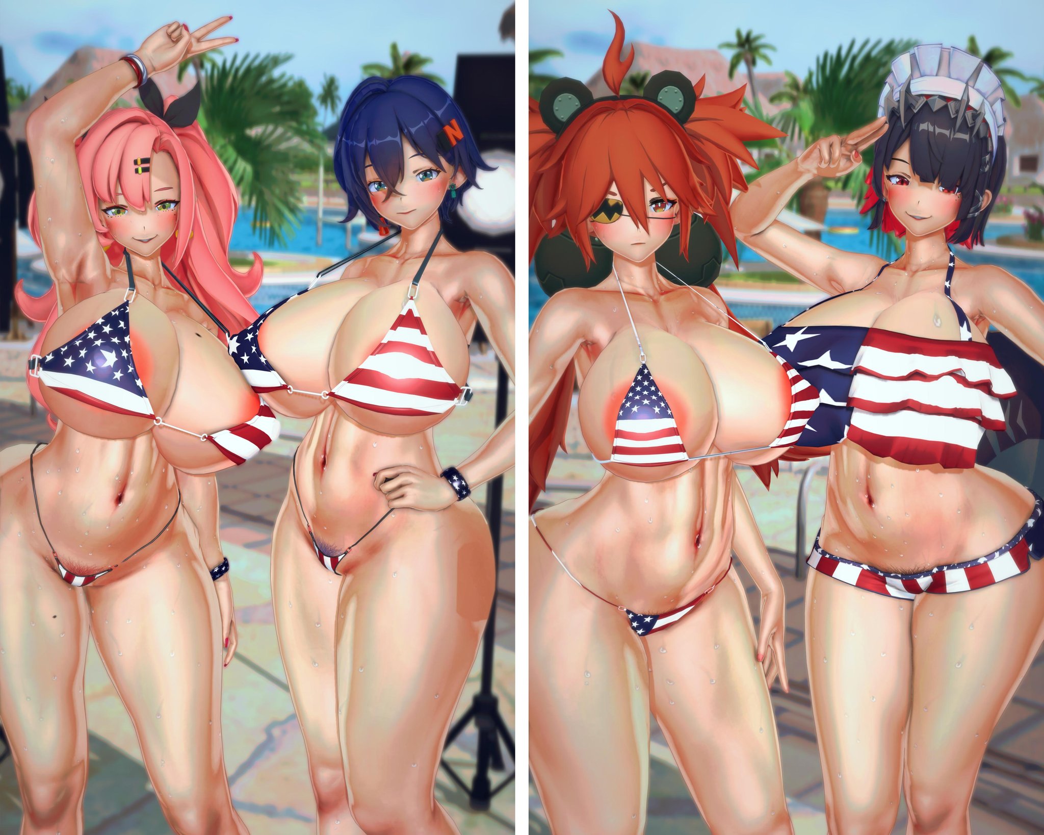 2024, 3d, 3d (artwork), 3d model, 3d render, 4girls, belle (zenless zone zero), bikini, black hair, black-haired female, blue hair, blue pubic hair, blue-haired female, blush, colored pubic hair, ellen joe, eye patch, female, koikatsu, koleda belobog, looking at viewer, micro bikini, nicole demara, pink hair, pink pubic hair, pink-haired female, pubic hair, pussy, pussy hair, red hair, red-haired female, taf4mad, usa bikini, zenless zone zero