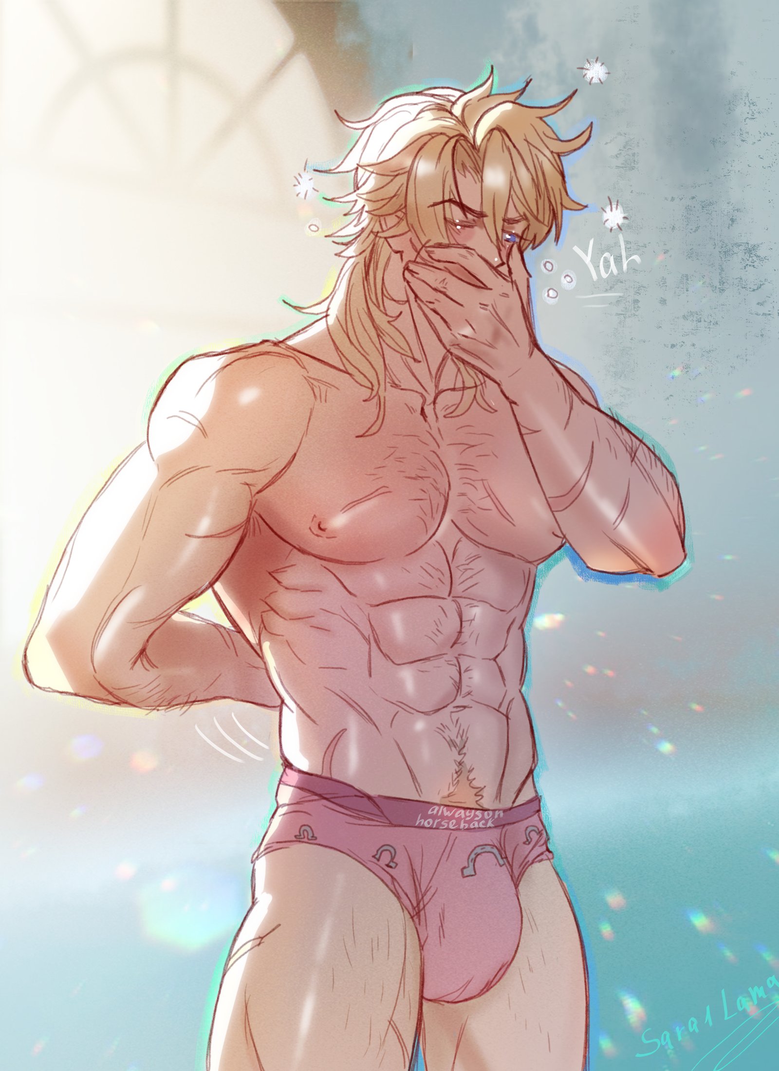 1boy, abs, biceps, big penis, blonde pubic hair, blonde-haired male, daddy, gay, gay male, genshin impact, hairy abs, hairy arms, hairy chest, hairy male, hairy thighs, happy trail, light-skinned male, male, male only, muscular, muscular arms, muscular male, penis, pink nipples, pink underwear, scarred, scars, scars all over, scars on arm, tall male, varka (genshin impact), white skinned male, yawning