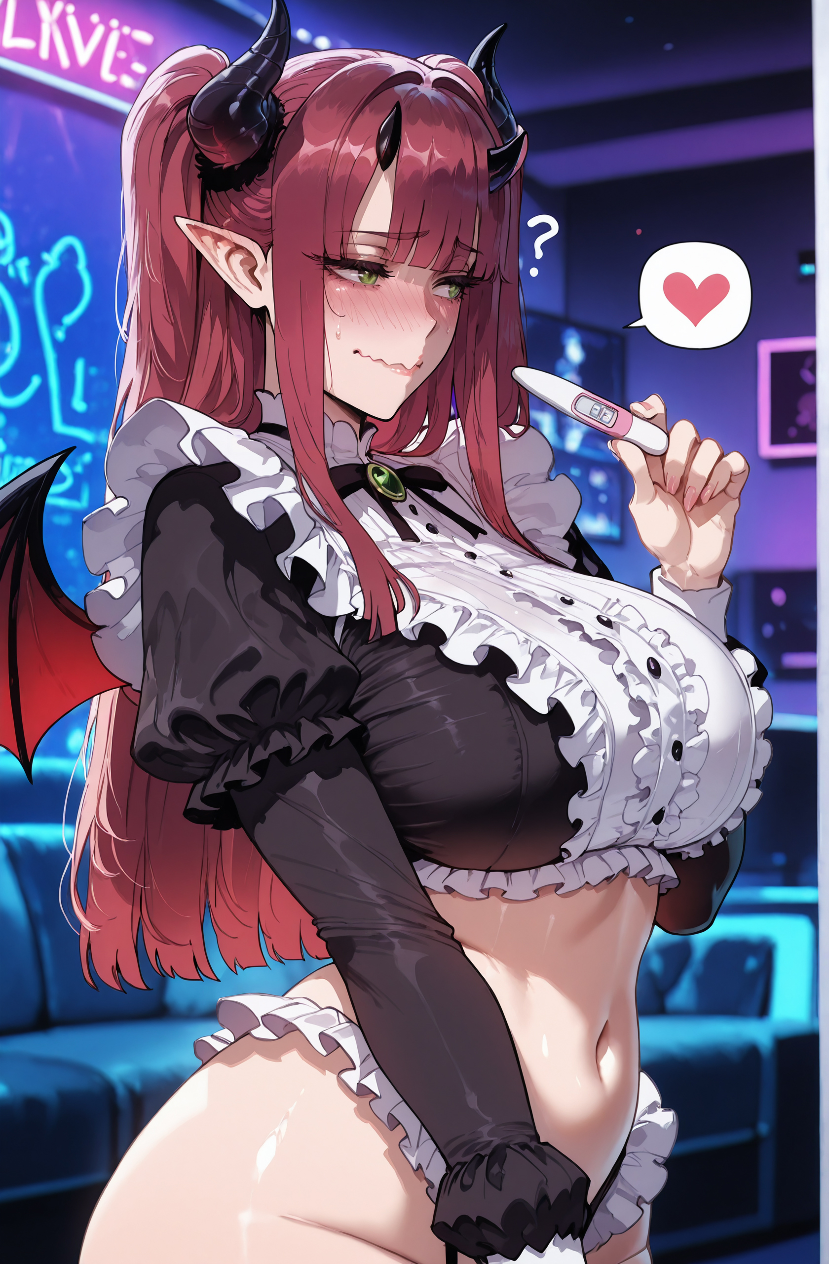 ?, 1girls, ai generated, averting eyes, bangs, black horns, blunt bangs, blush, breasts, cleavage, closed mouth, clothing, cosplay, curvaceous, curvaceous female, curvaceous figure, curvy, curvy figure, demon girl, demon horns, demon tail, demon wings, female, female focus, female only, frills, green eyes, hair ornament, headdress, heart, holding, horns, huge breasts, indoors, kitagawa marin, large breasts, legwear, long hair, long sleeves, maid, maid headdress, miyuai, navel, panties, pointy ears, pregnancy test, puffy sleeves, red hair, rizu-kyun (cosplay), shirt, sidelocks, smile, solo, sono bisque doll wa koi wo suru, spoken heart, sweat, tail, thick thighs, thighhighs, thighs, two side up, underwear, voluptuous, voluptuous female, wavy mouth, wings