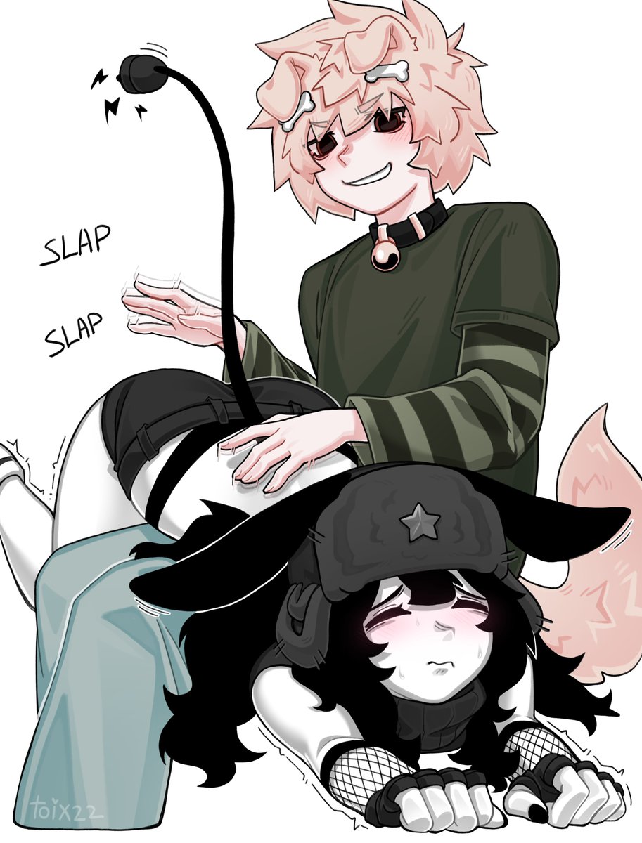 1boy, 1boy1girl, 1girls, black hair, cute, dog boy, dog collar, dog ears, dog tail, nick (toix22), photo, spanking, spanking ass, toix (toix22), toix22, ushanka, white body, white skin