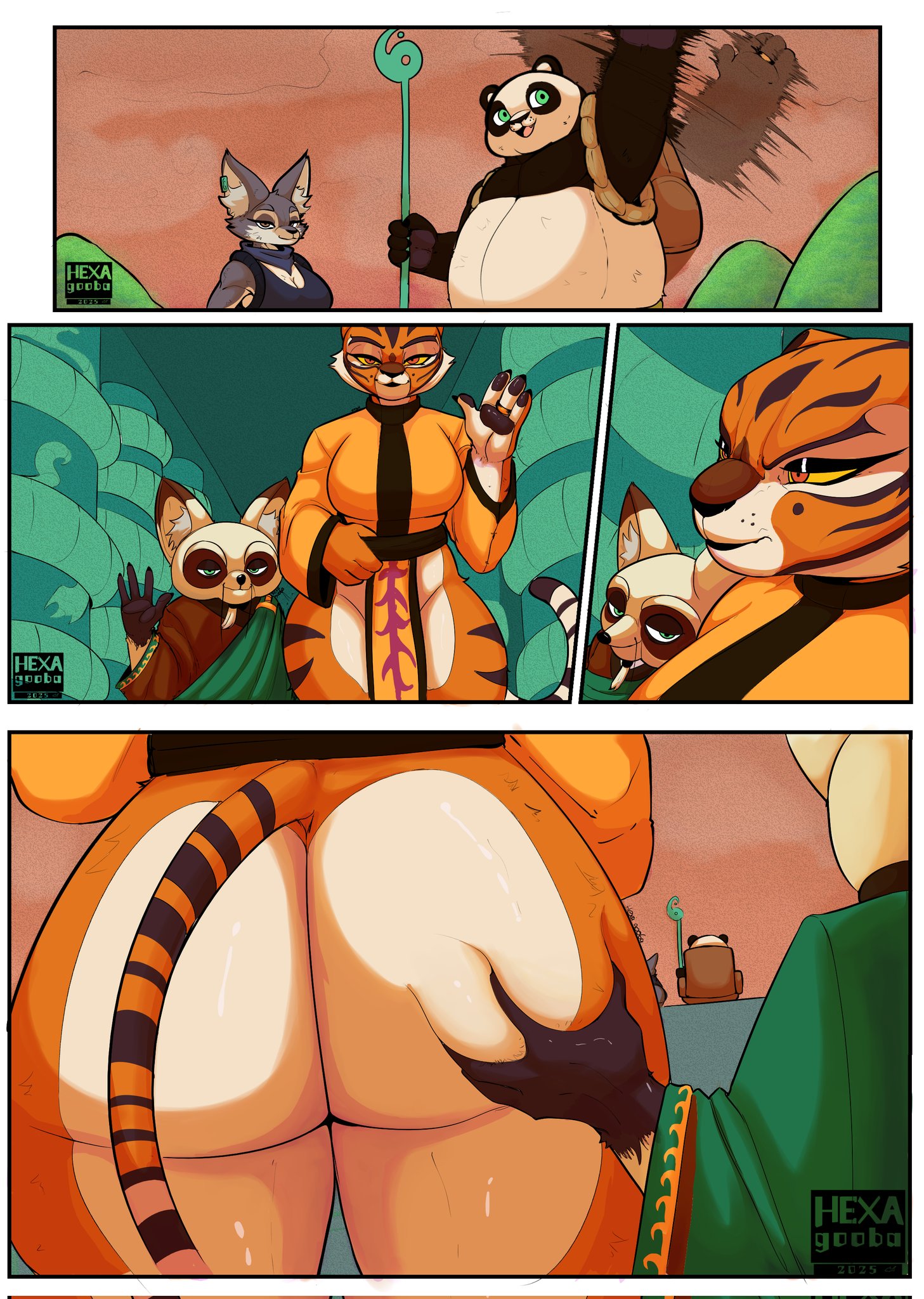 anthro, ass grab, comic, female, furry, grope, groped, groping, groping ass, groping butt, hexagooba, kung fu panda, loincloth, male, master po ping, master shifu, master tigress, netorare, no panties, solo female, stealth ass grab, tagme, zhen (kung fu panda)