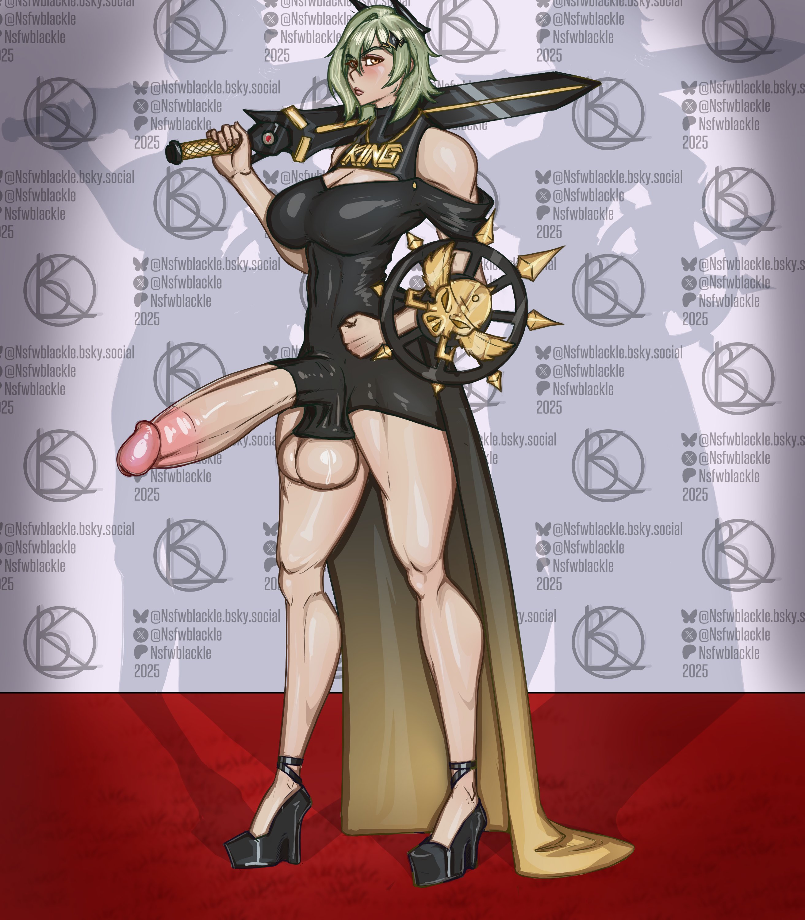 bulge, caesar king, dress, futanari, intersex, nsfwblackle, red carpet, solo, solo futa, sword, tagme, weapon, zenless zone zero
