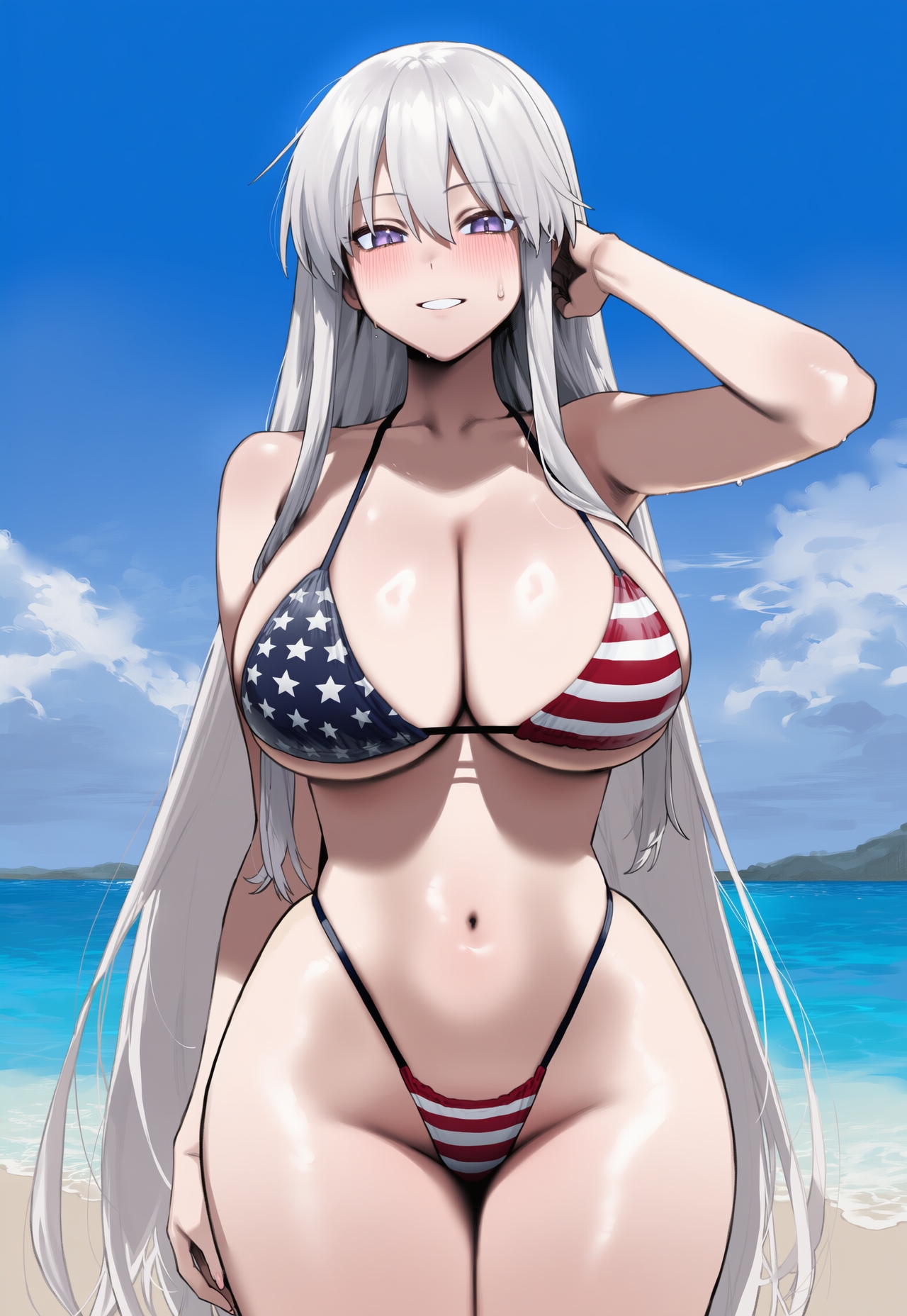 ai generated, american flag bikini, azur lane, big breasts, breasts, enterprise (azur lane), female, long hair, truck kun, white hair