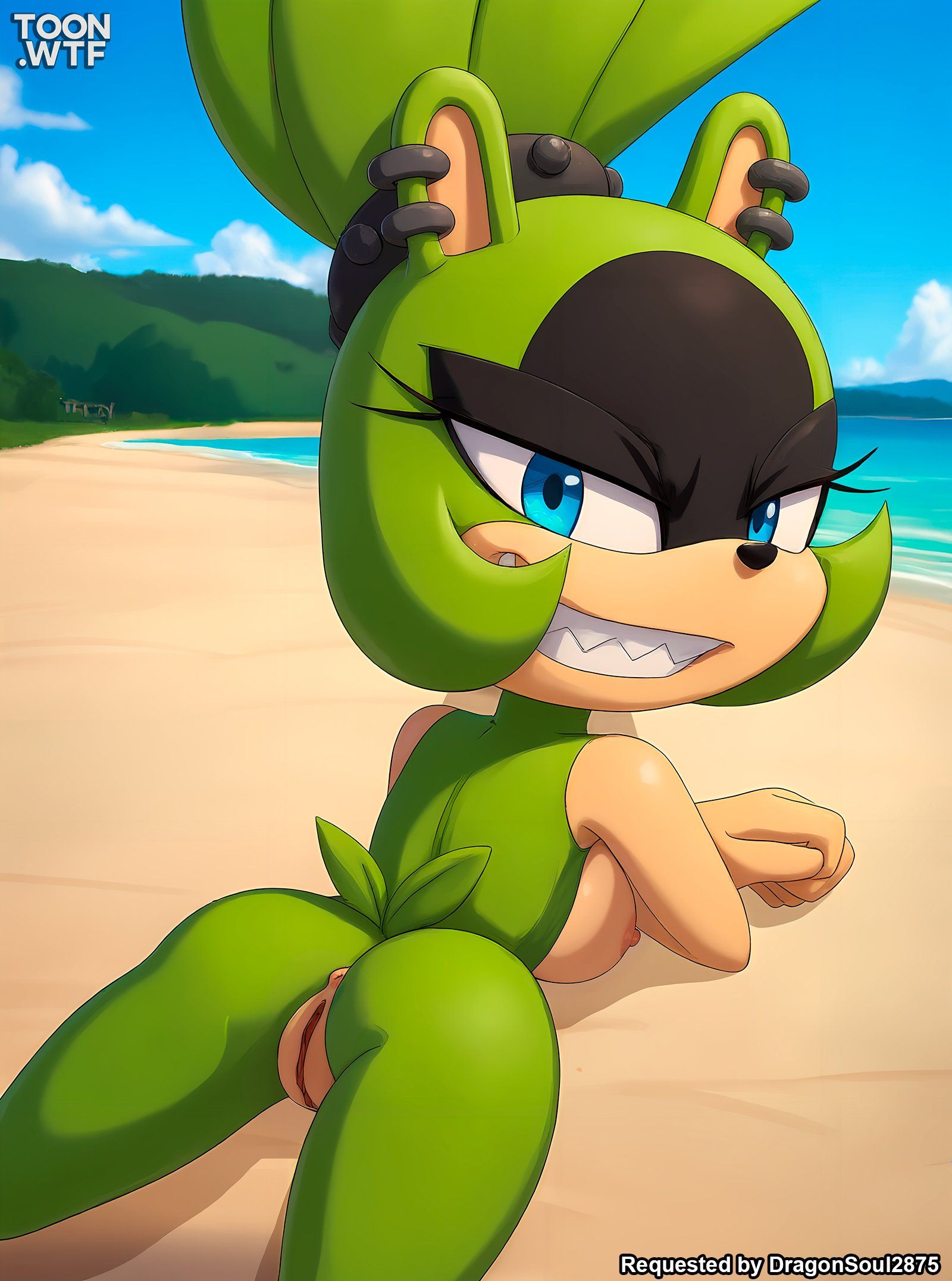 1girls, anthro, anus, ass, bbmbbf, beach, breasts, female, female only, looking at viewer, mobian (species), mobius unleashed, nipples, nude, palcomix, pussy, sega, sharp teeth, solo, sonic (series), sonic the hedgehog (series), surge the tenrec, teeth, toon.wtf
