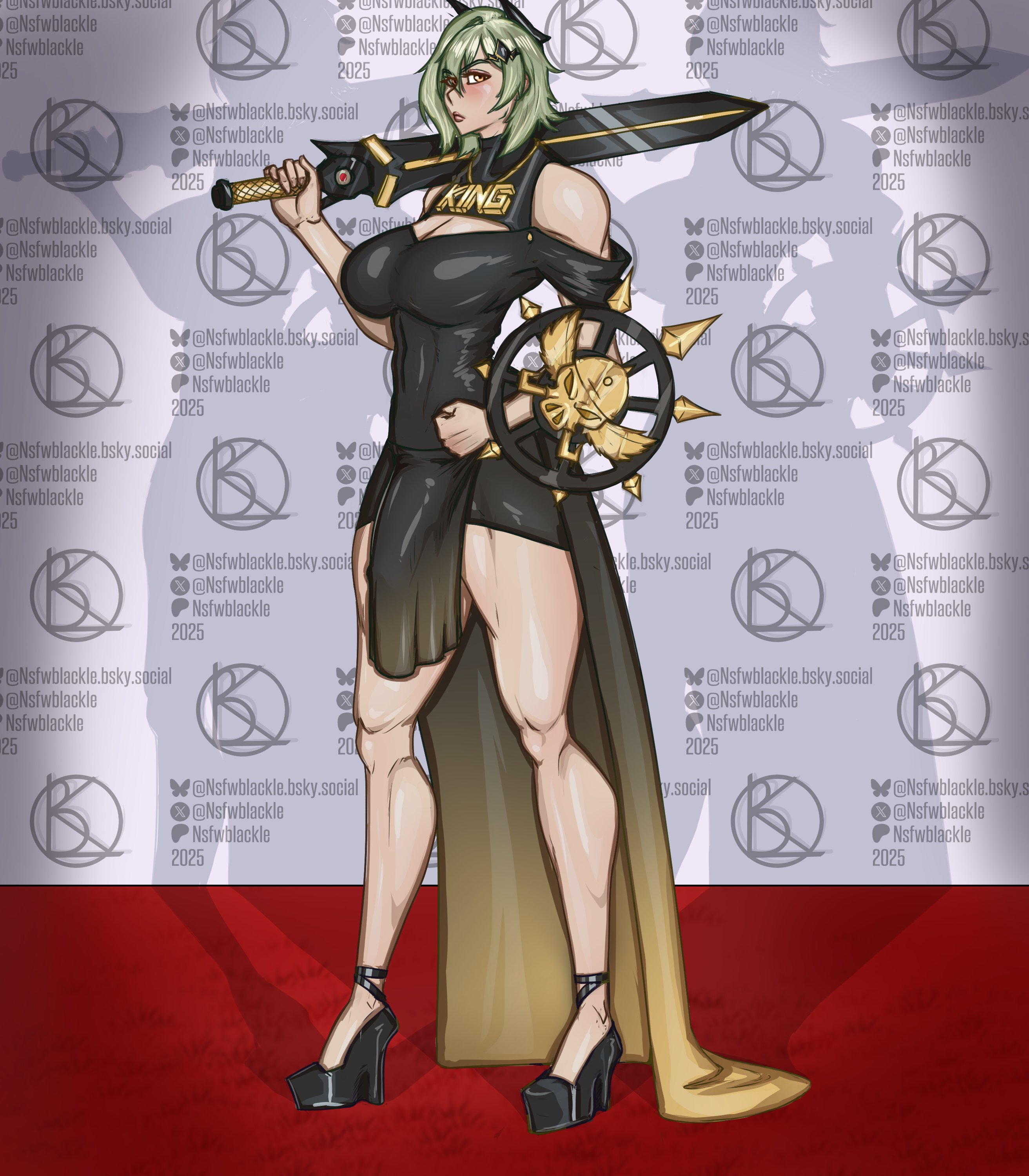 1futa, bulge, bulge through clothing, bulge under dress, caesar king, dress, flaccid, flaccid penis, futa only, futanari, intersex, nsfwblackle, penis, red carpet, solo, solo futa, sword, tagme, weapon, zenless zone zero