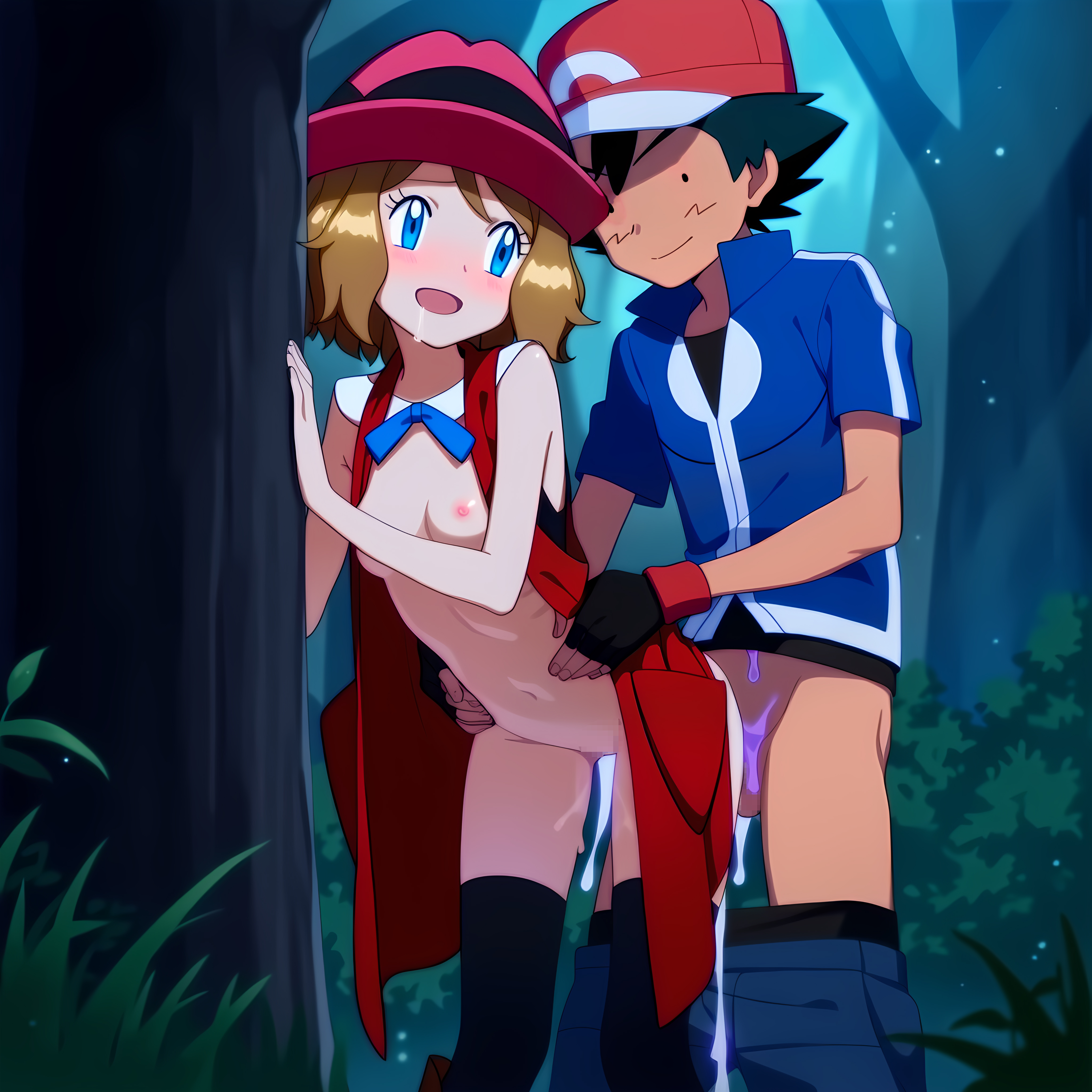 1boy, 1girls, against tree, ai generated, black hair, blue eyes, brown hair, clothed sex, cum, dadfox, ditto, female, functionally nude, hands on waist, hat, holding waist, honey hair, human, male, male pokemon/female human, open clothes, outdoors, partially clothed, pokemon, pokemon (anime), pokemon (species), pokemon xy, pokemon xy (anime), pokephilia, satoshi (pokemon), serena (pokemon), sex, sex from behind, standing sex, transformation, transformed, transformed ditto, waist grab