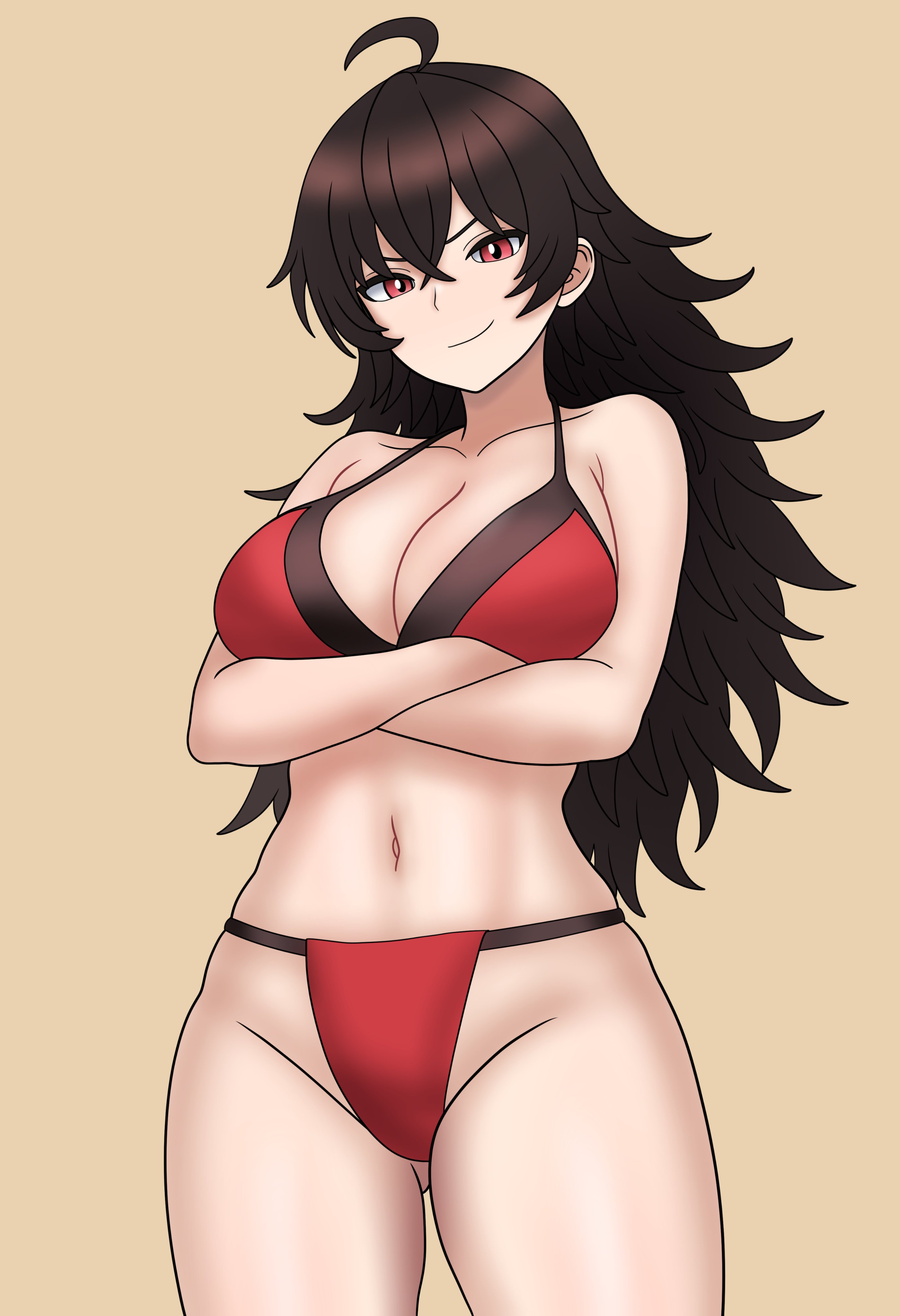 1girls, 2d, 2d (artwork), arms crossed, big breasts, bikini, black hair, bojack198, breasts, female, female only, human, human only, looking at viewer, mature female, milf, questionable, raven branwen, red eyes, rwby, simple background, smile, smiling at viewer, solo, solo female, tan background