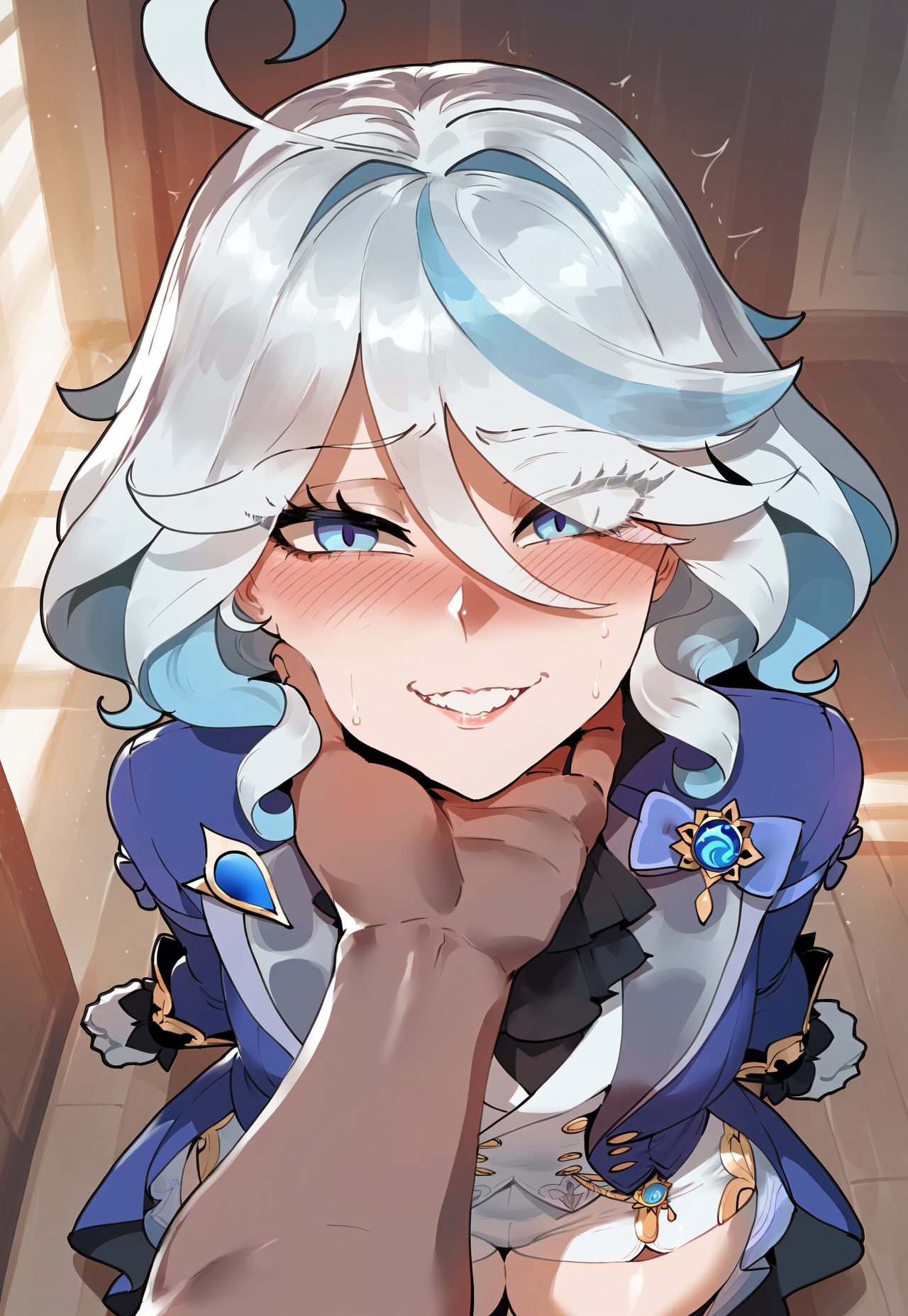 1boy, 1girls, ai generated, ass, ass focus, blue eyes, breasts, breasts out, dark-skinned male, female, female focus, furina (genshin impact), genshin impact, hand on head, light-skinned female, male, thick thighs, thighs, white hair