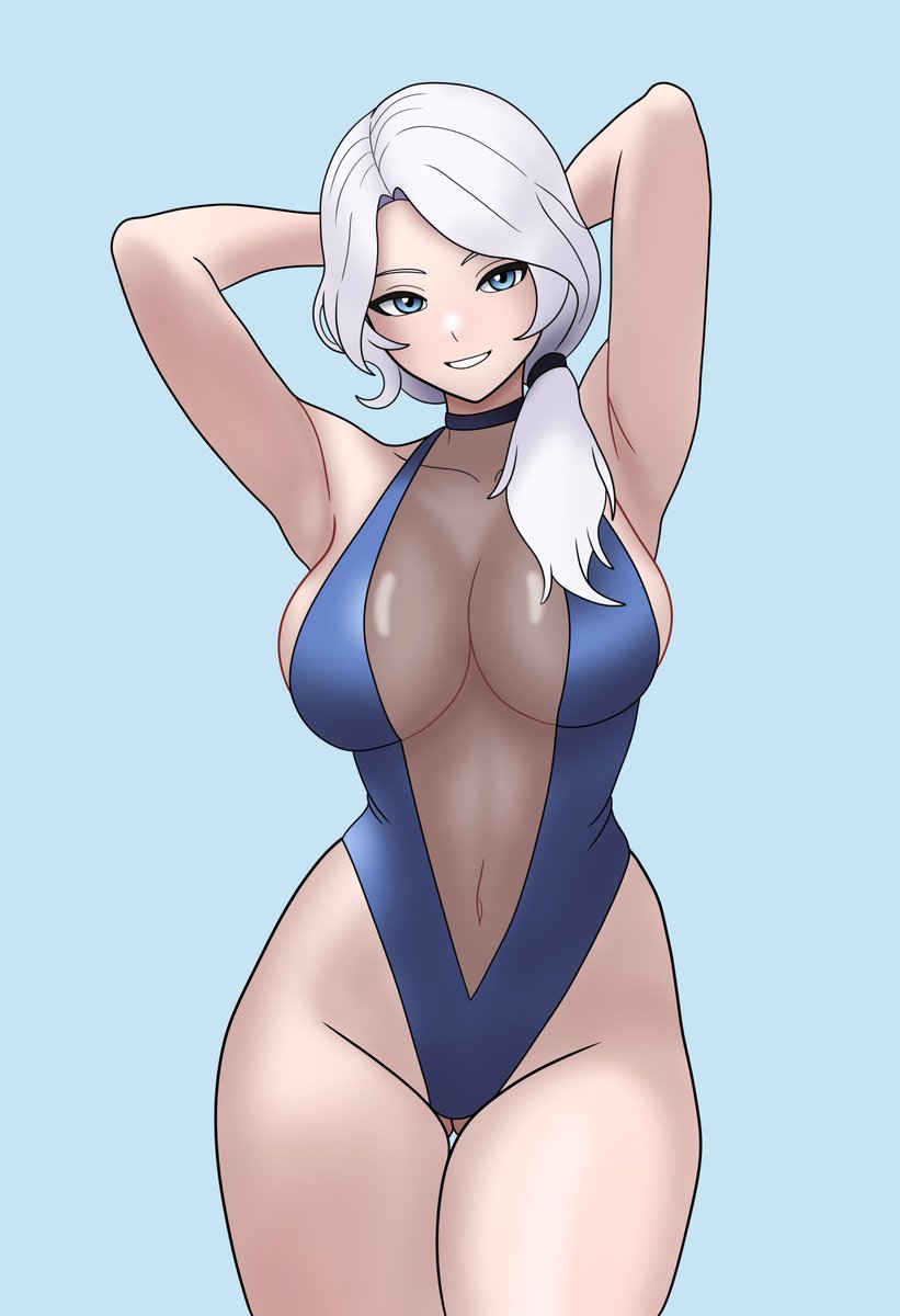 1girls, 2025, 2d, 2d (artwork), armpits, ass visible through thighs, bikini, blue background, blue eyes, bojack198, cleavage, female, female only, milf, no sex, one-piece swimsuit, pose, posing for the viewer, rwby, simple background, solo, solo female, thigh gap, white hair, willow schnee