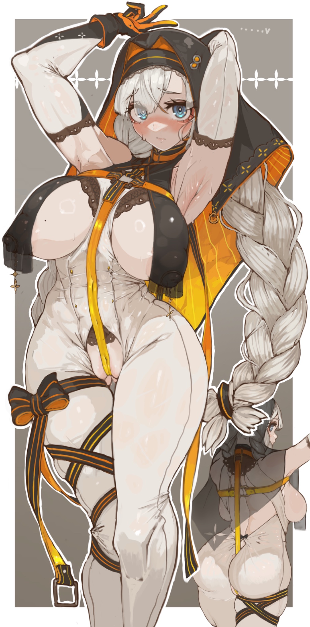 areola slip, armpit fetish, armpits, big ass, big breasts, blue eyes, breast curtains, cameltoe, female, female only, impossible clothes, kizuna akari, large breasts, mole on breast, pussy, rustycork, tight clothing, vocaloid, voiceroid, white hair