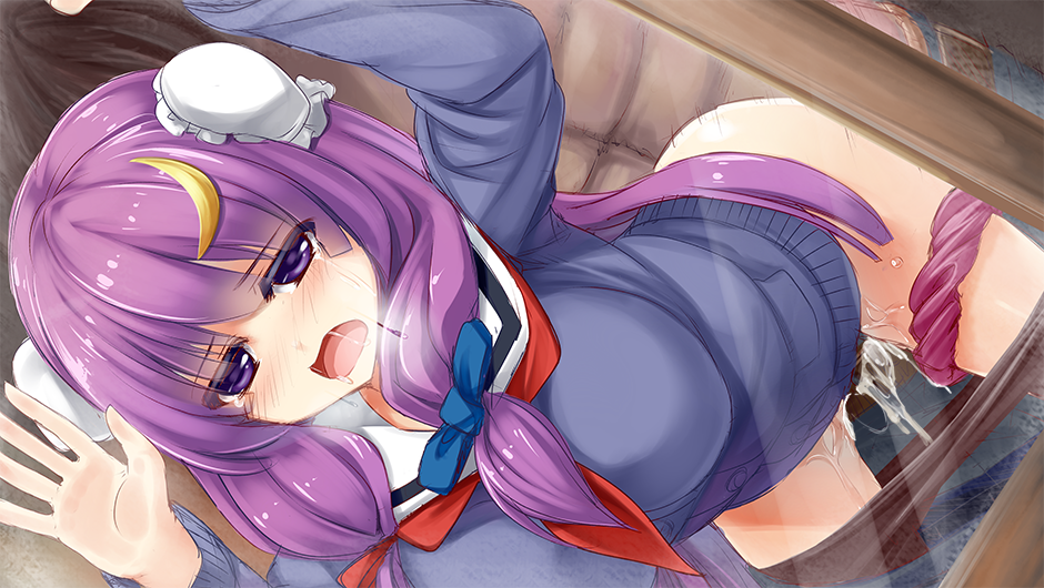 1boy against_glass alternate_costume black_legwear blush breasts bun_cover crescent cum female hair_ribbon large_breasts long_hair open_mouth panties panties_around_leg pantyhose pantyhose_pull patchouli_knowledge pinkarage purple_eyes purple_hair purple_panties ribbon saliva school_uniform sex skirt skirt_pull tear touhou underwear