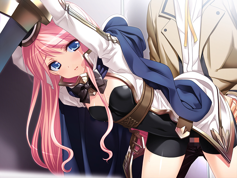 1boy belt bent_over blue_eyes breasts cape cleavage clothed_sex female flat_chest game_cg highres kasukabe_akira legs long_hair looking_at_viewer pink_hair sakura_nanako sakura_sakura_festival! sex shadow thighs vaginal_penetration