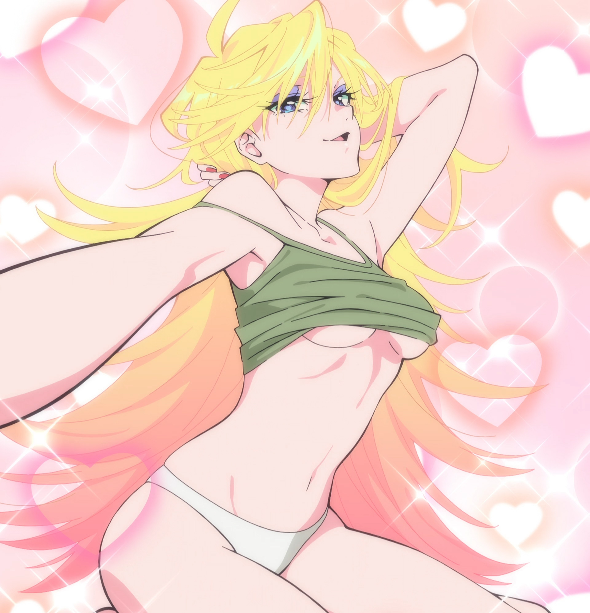 1girls, 2d, 2d (artwork), 2d artwork, angel, angel girl, blonde hair, blue eyes, blue eyeshadow, breasts, canonical scene, female, flirting look, green clothing, green shirt, heart, lifted shirt, long hair, looking at viewer, midriff, official art, panty & stocking with garterbelt, panty anarchy, red nail polish, red nails, screen capture, screencap, seductive, seductive eyes, seductive look, seductive pose, seductive smile, selfie, small breasts, solo, solo female, sparkles, underboob, white panties