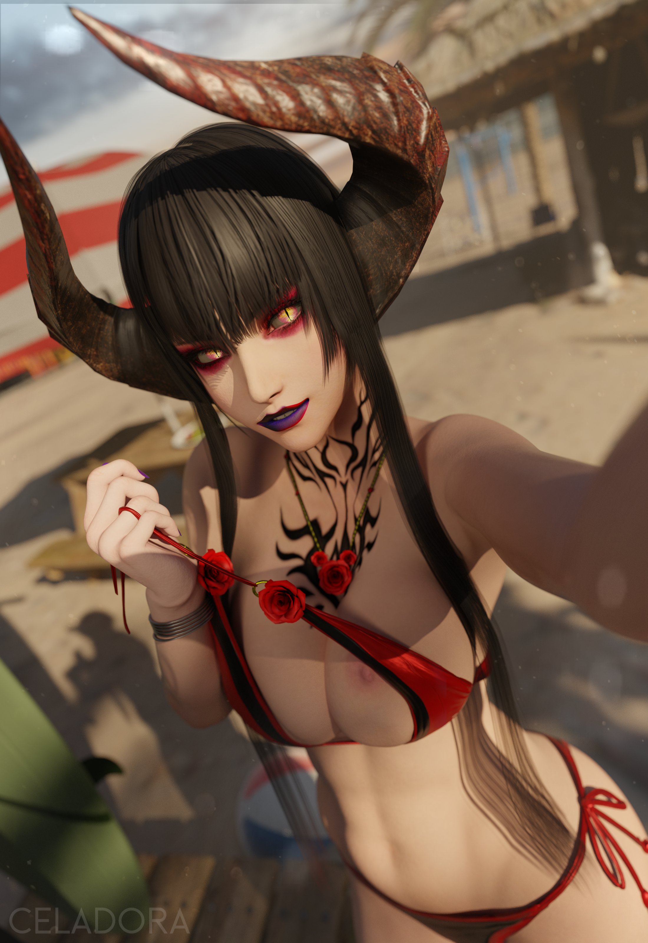 1girls, 3d, black hair, celadora, demon girl, demon horns, eliza (tekken), female, female only, long hair, solo, tekken, tekken 8
