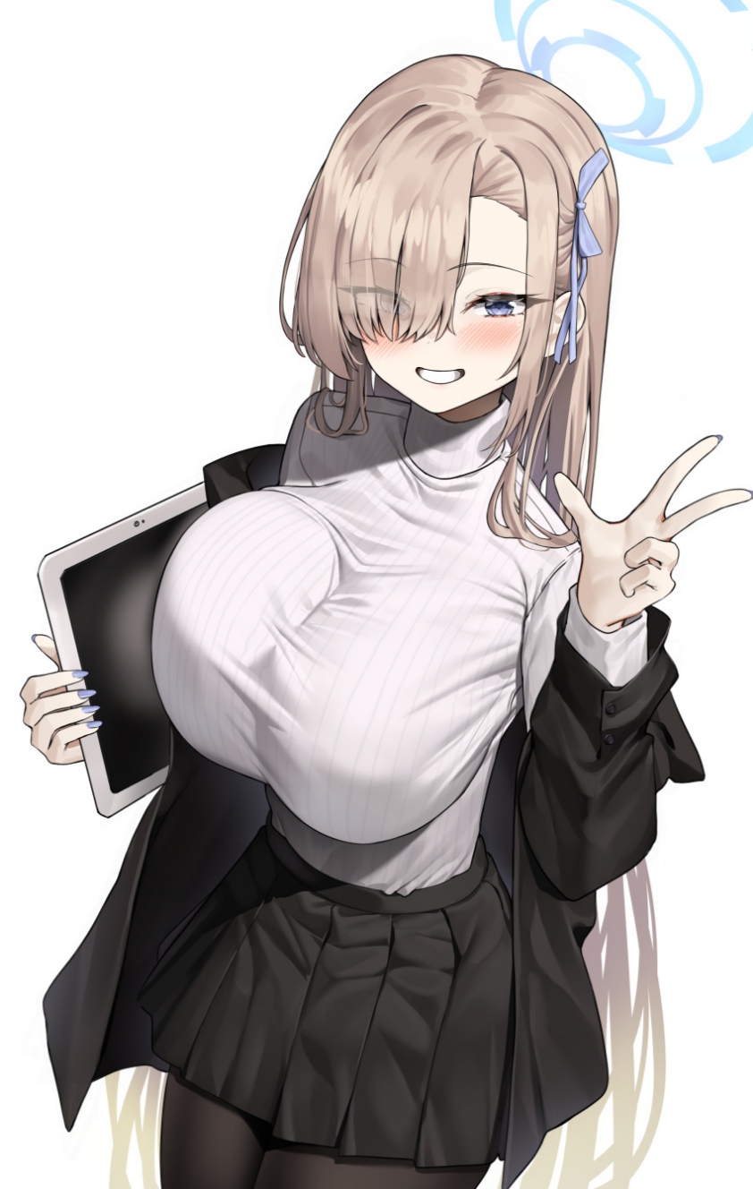 1girls, asuna (blue archive), blue archive, blue eyes, breasts, female, huge breasts, kuse (0201), pantyhose, simple background, skirt, solo, w, white background