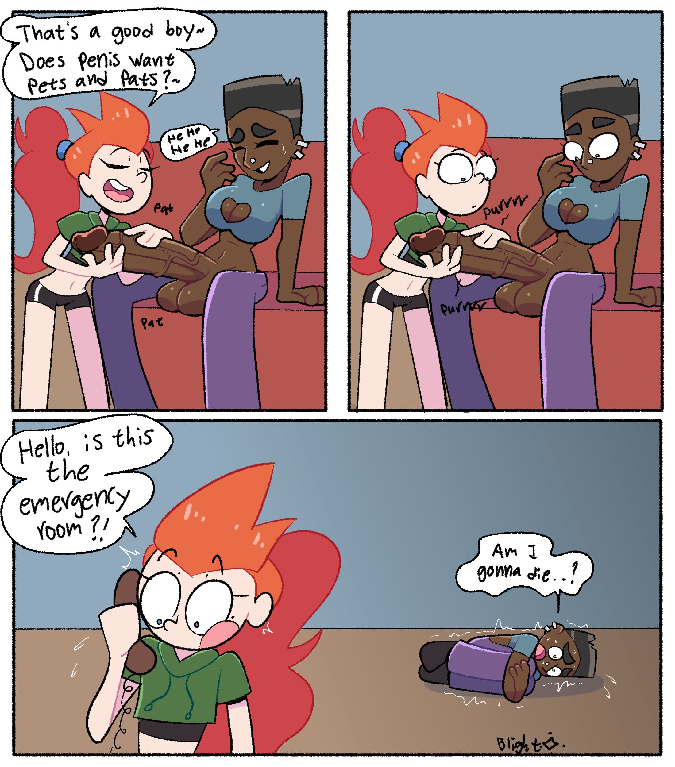 2futas, 3 panel comic, 911, absurd, balls, blightstar, boob window, calling, calling for help, canon couple, closed eyes, clothed, comedic boner, comedy, comic, concerned, dark skin, dialogue, dolphin shorts, emily (blightstar), english text, fetal position, freckles, futa, futa on futa, futanari, ginger, handjob, jess (blightstar), large penis, laughing, light skin, long hair, looking at penis, on couch, on floor, original, original character, patting, penis, petting, piercing, playful, purring, shocked, short hair, sitting, speech bubble, tagme, unexpected, veiny penis