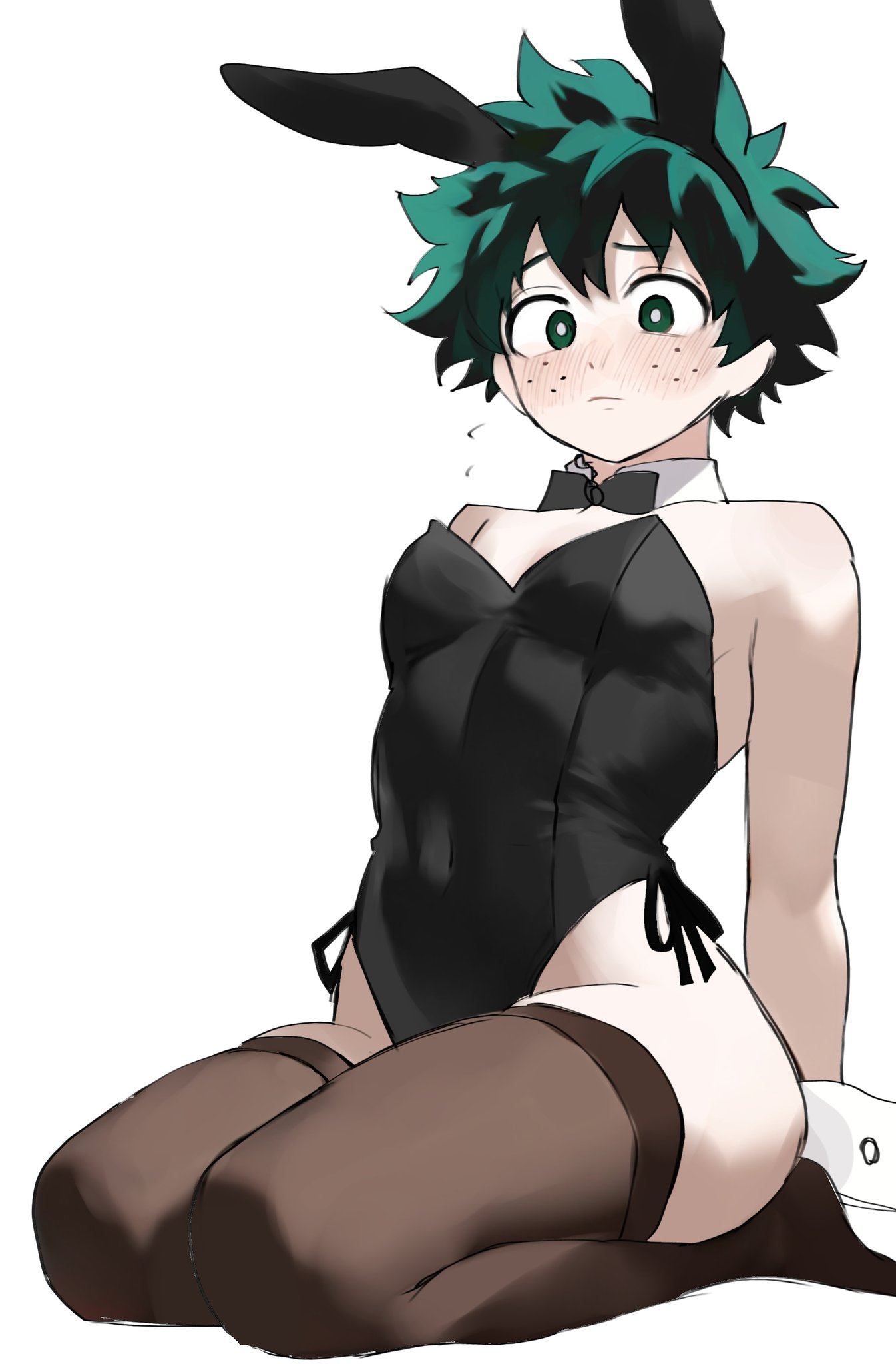 1boy, bow, bunny ears, bunny girl, bunny tail, bunnysuit, deku, female deku, femboy, freckles, front view, gay, green eyes, green hair, izuku midoriya, light skin, light-skinned male, male, male only, my hero academia, rule 63, seated, short hair, small breasts, solo, stockings, white skin